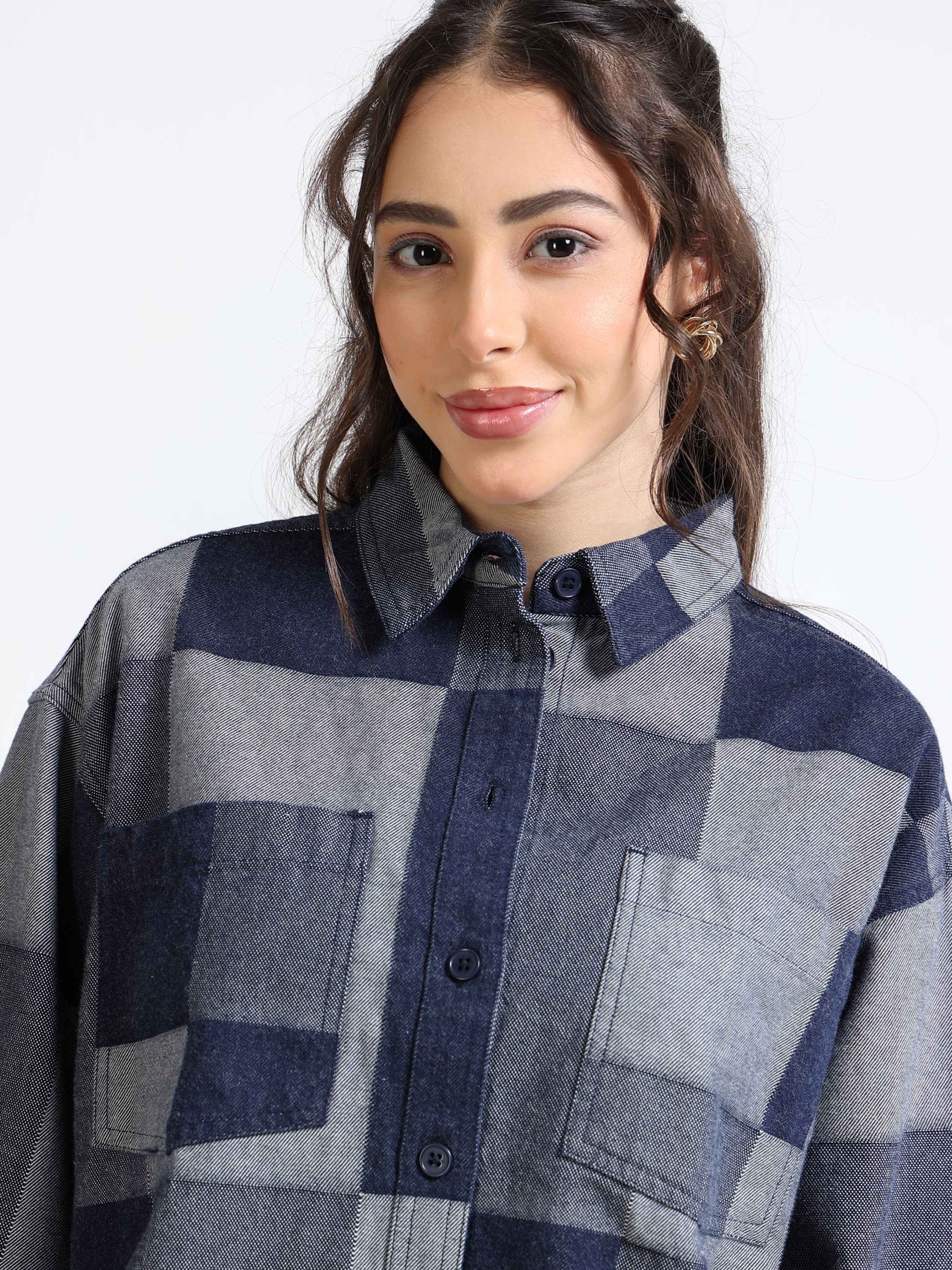 Women Denim Patch Pattern Shirt