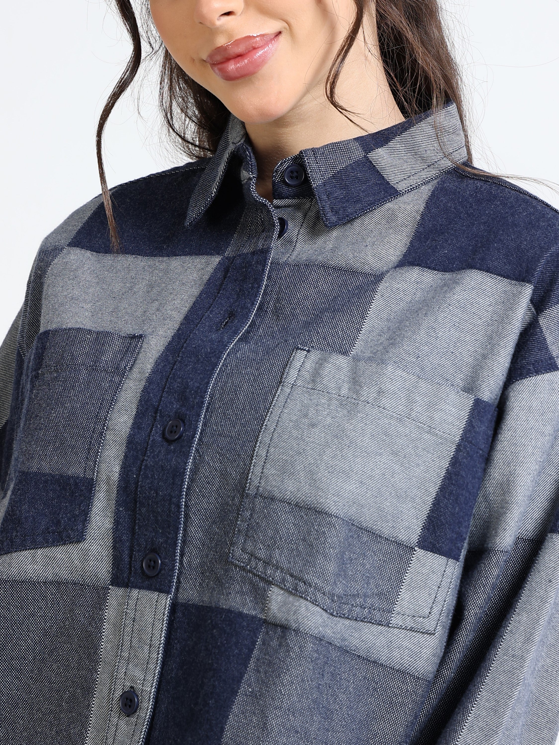 Women Denim Patch Pattern Shirt