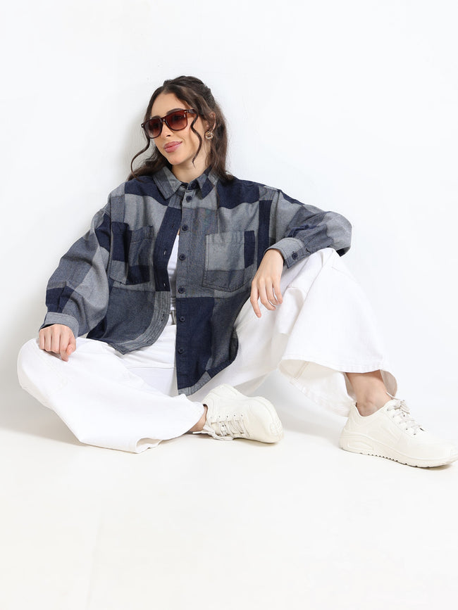 Women Denim Patch Pattern Shirt