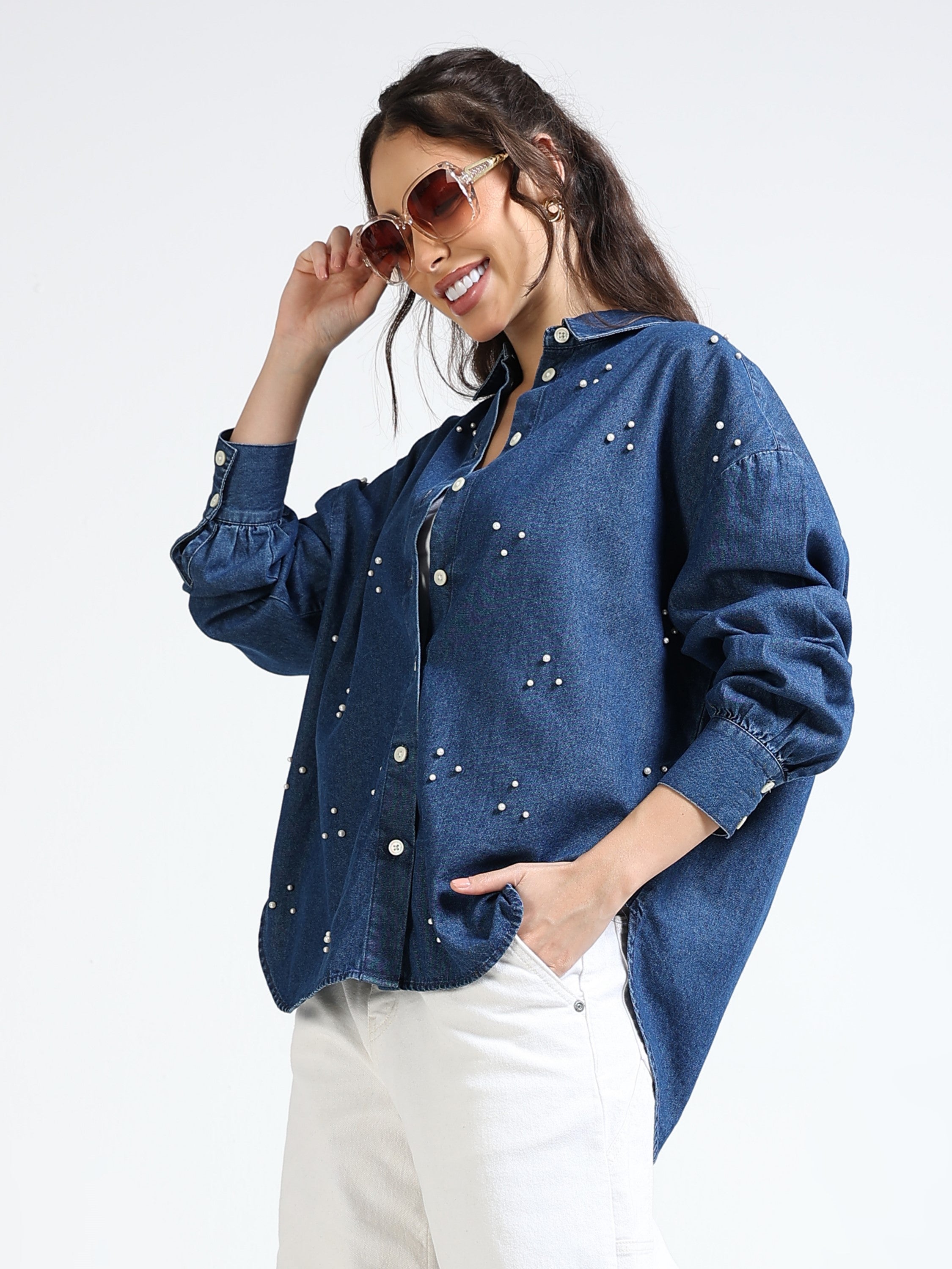 Women Denim Blue Pearl Embellished Shirt