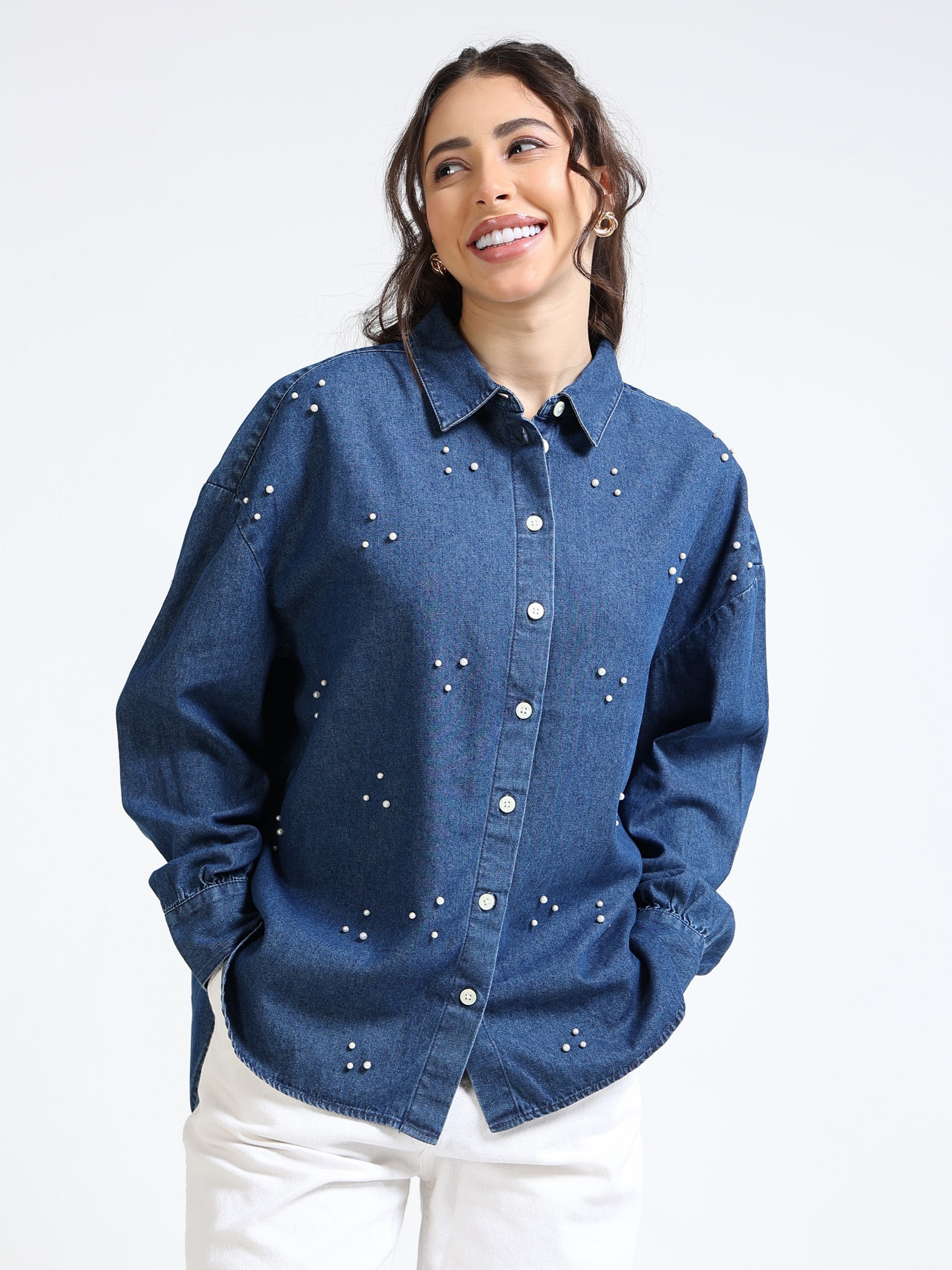 Women Denim Blue Pearl Embellished Shirt