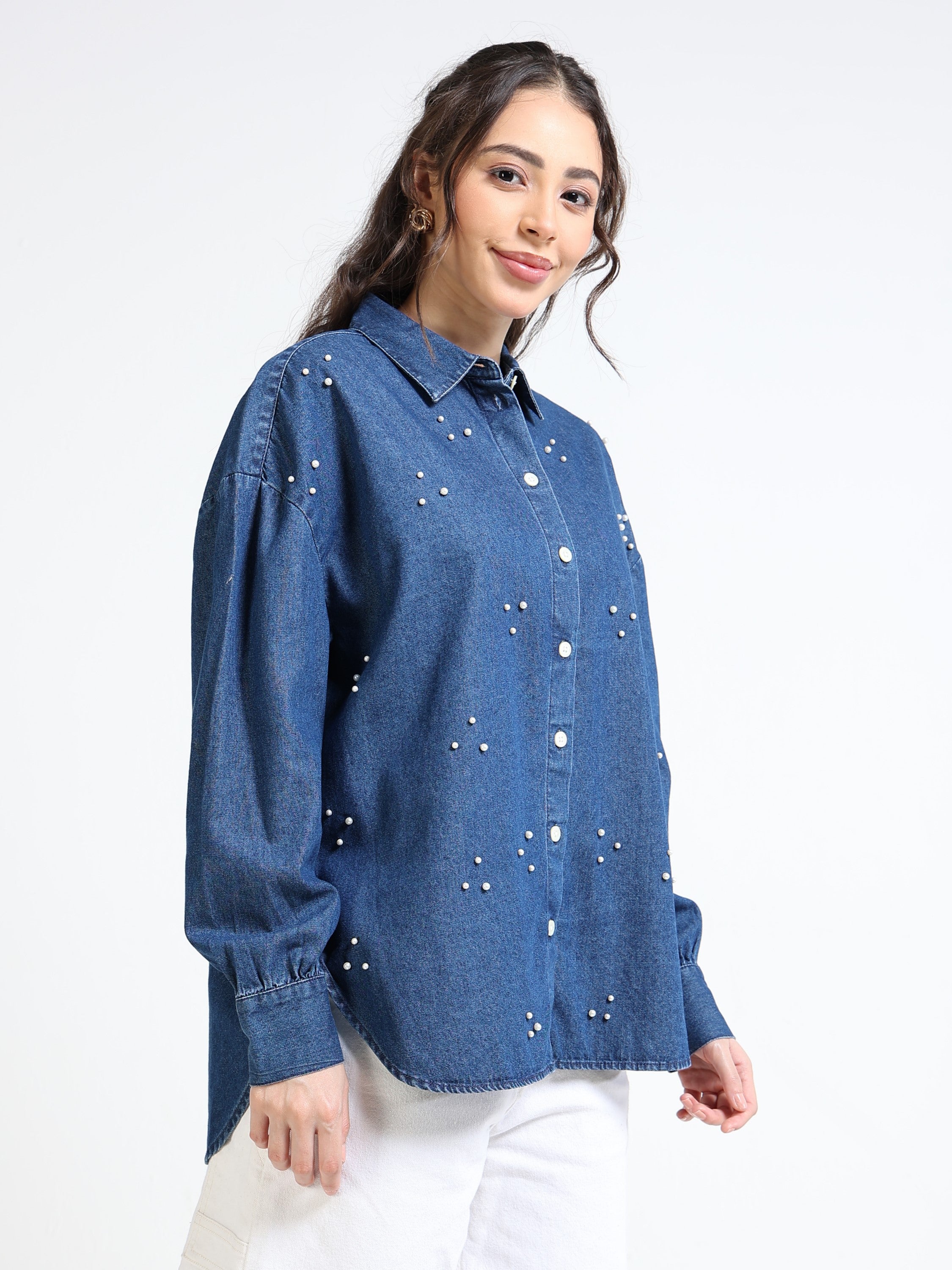 Women Denim Blue Pearl Embellished Shirt
