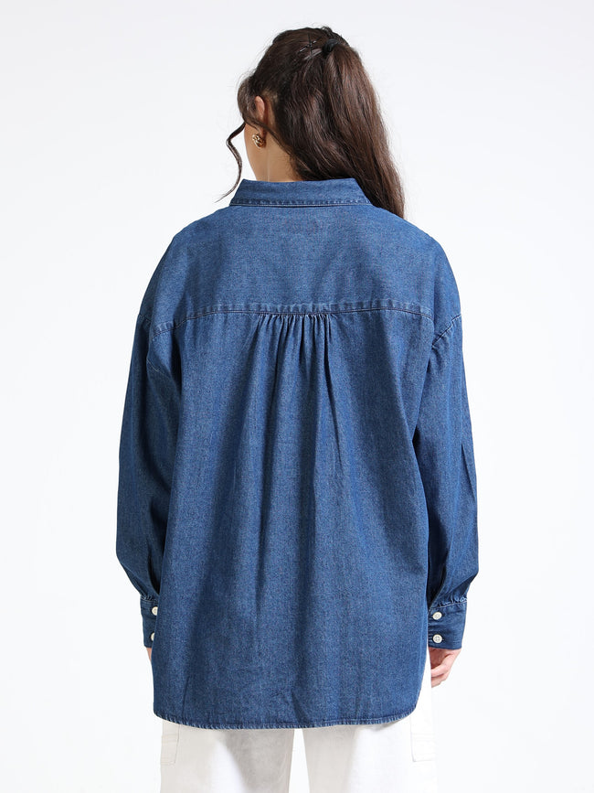 Women Denim Blue Pearl Embellished Shirt