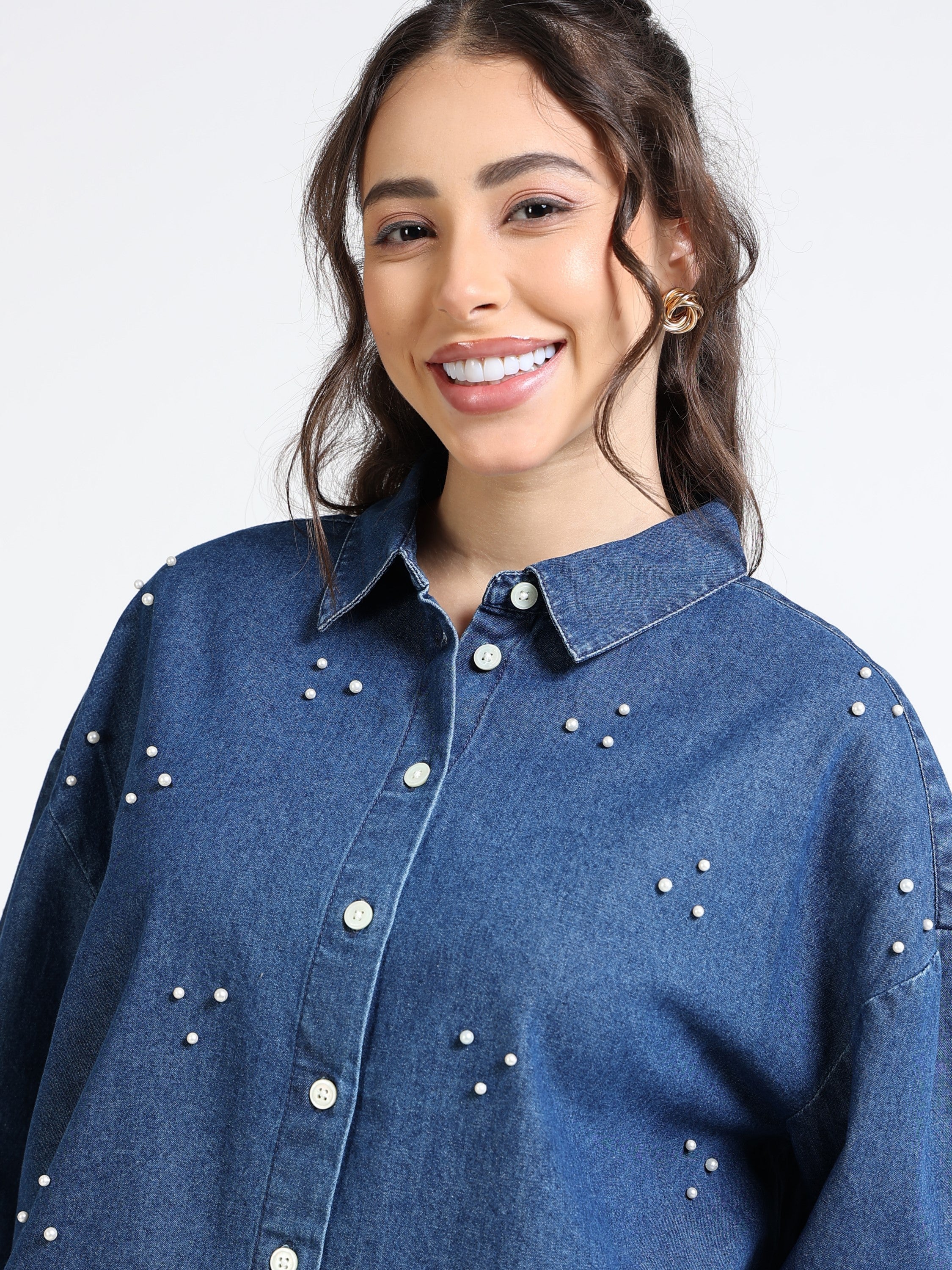 Women Denim Blue Pearl Embellished Shirt