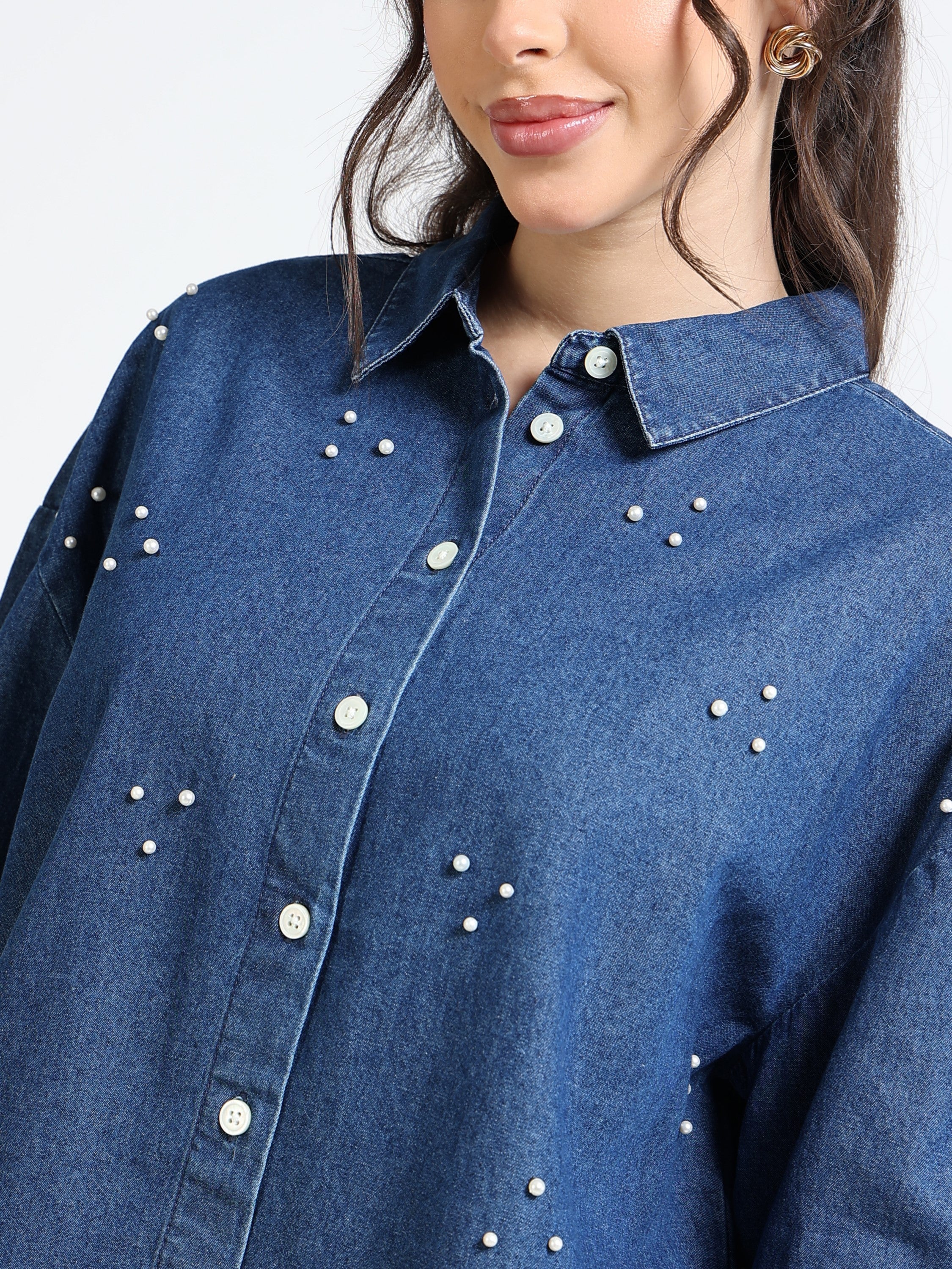 Women Denim Blue Pearl Embellished Shirt