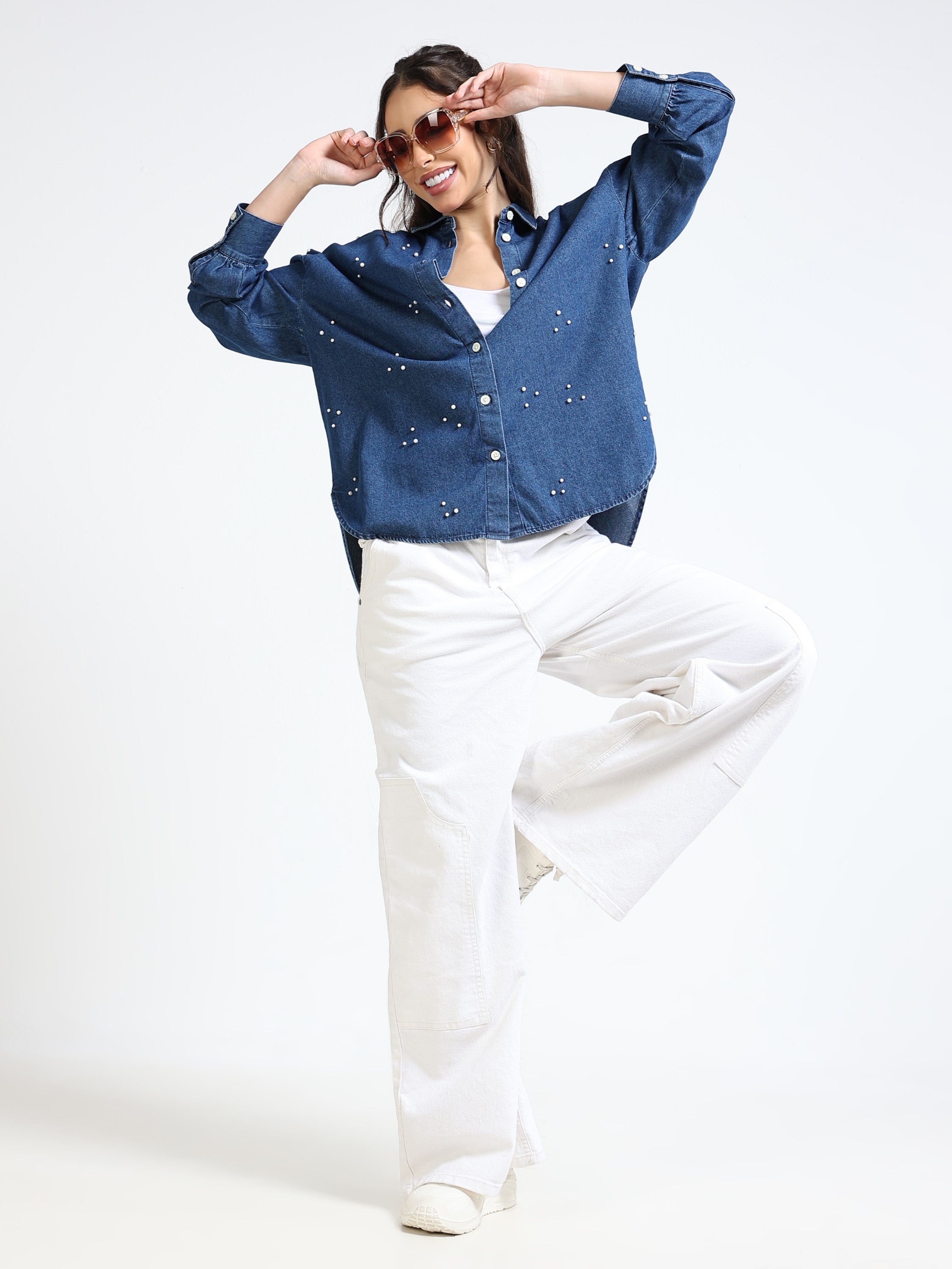 Women Denim Blue Pearl Embellished Shirt