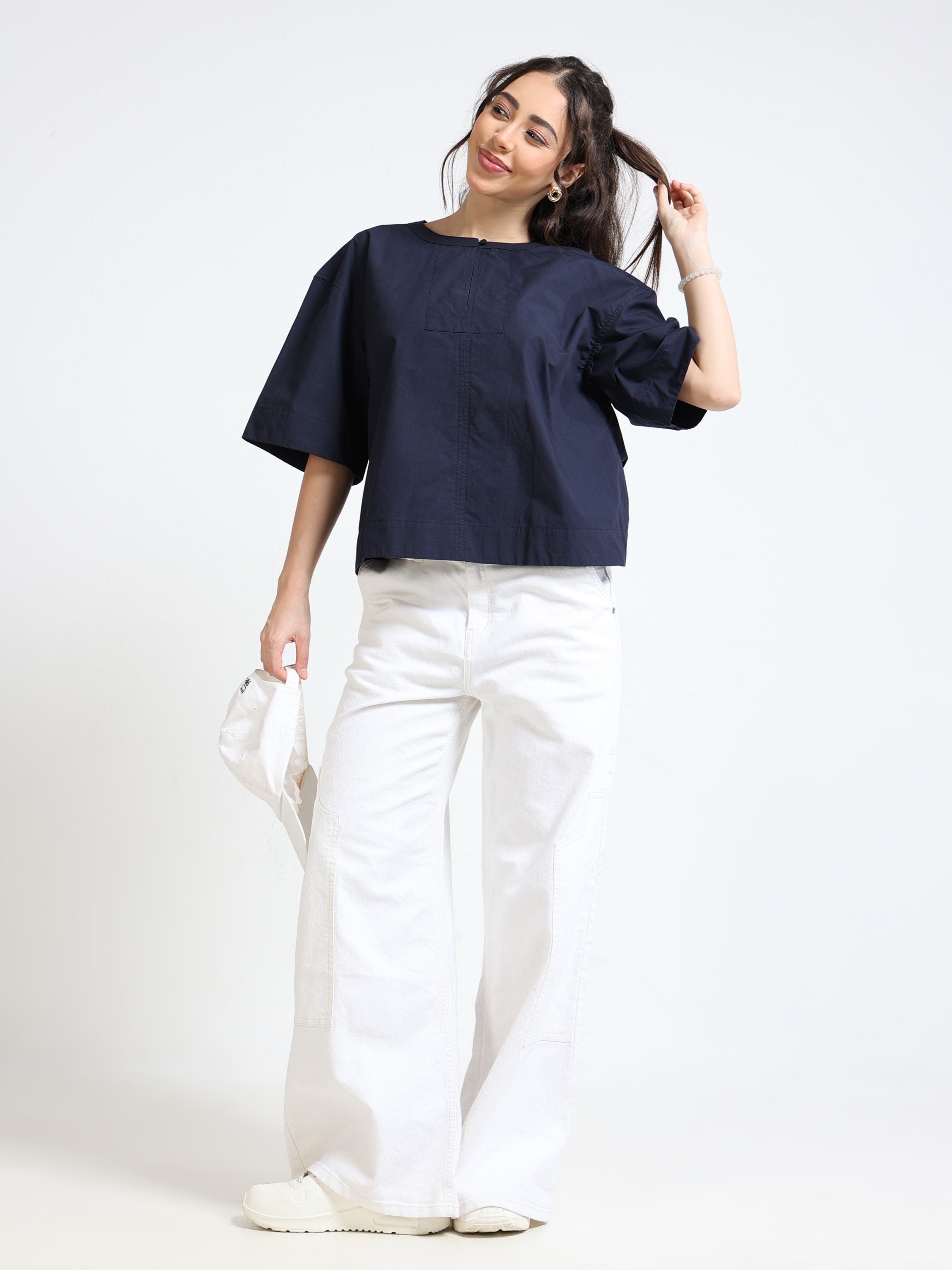 Women Navy oversized boxy fit Top