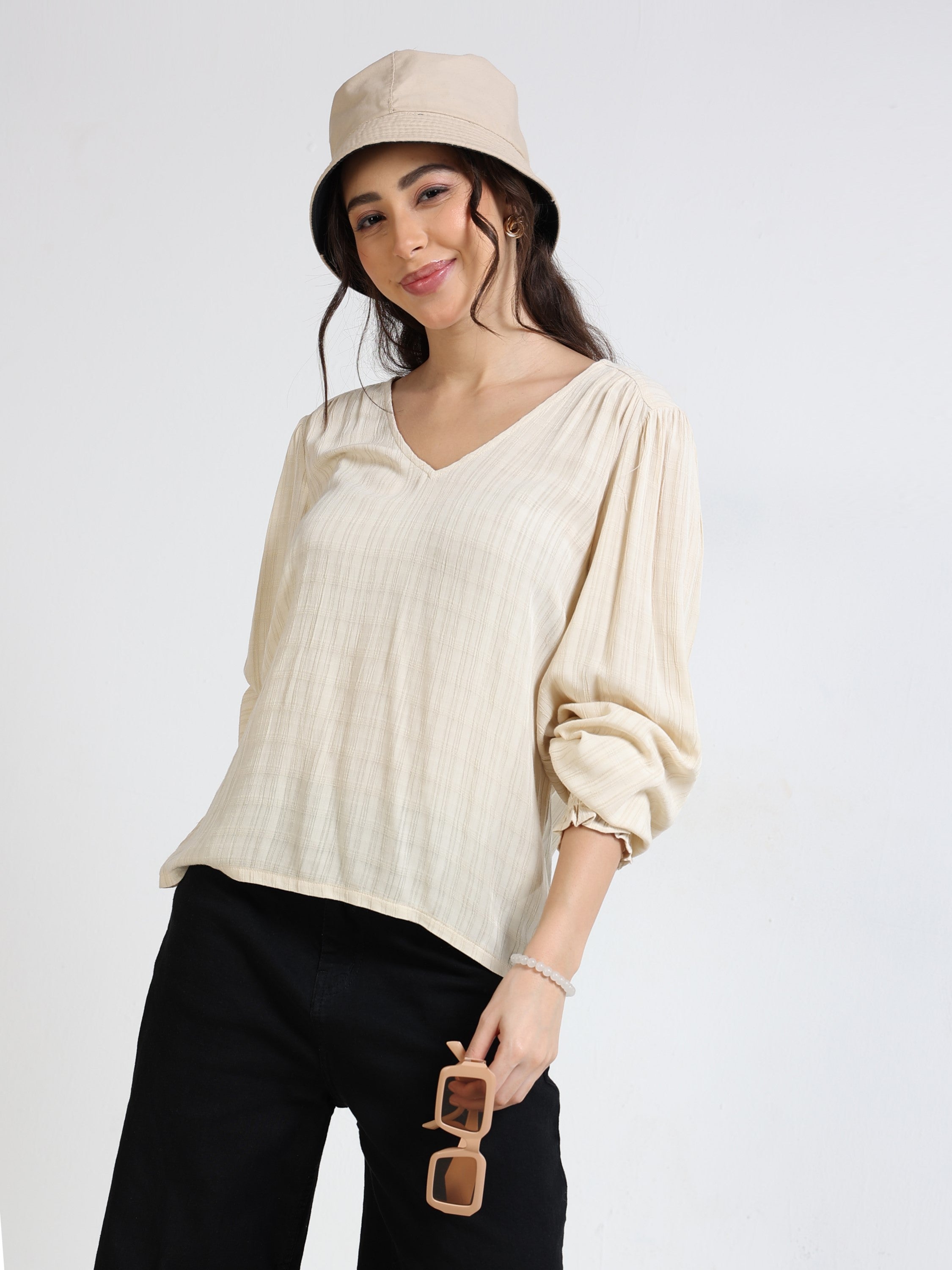 Women Beige Textured Relaxed Fit Top