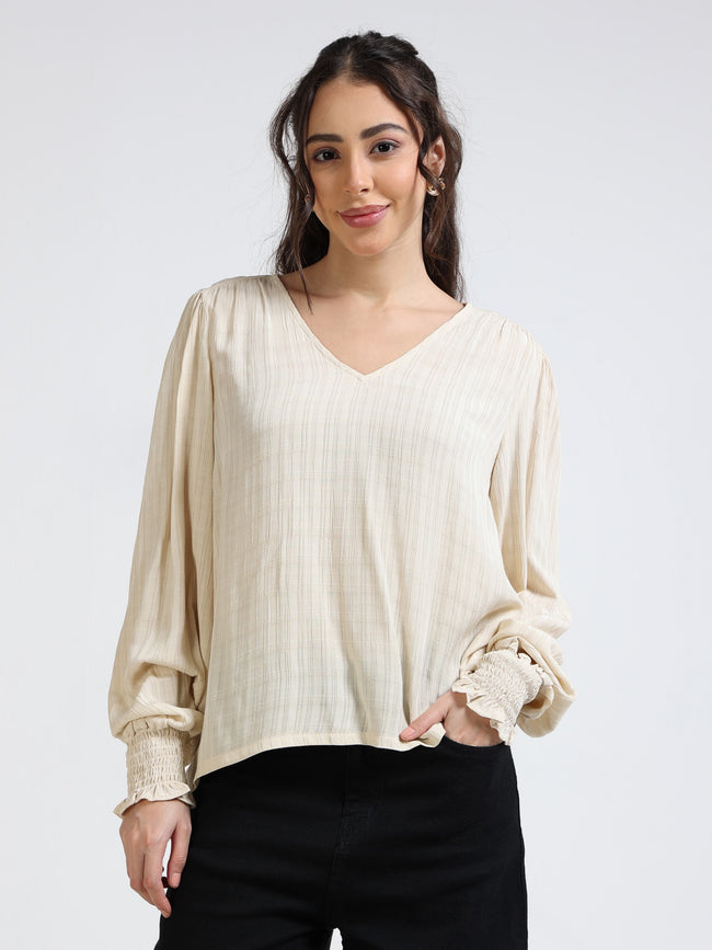 Women Beige Textured Relaxed Fit Top