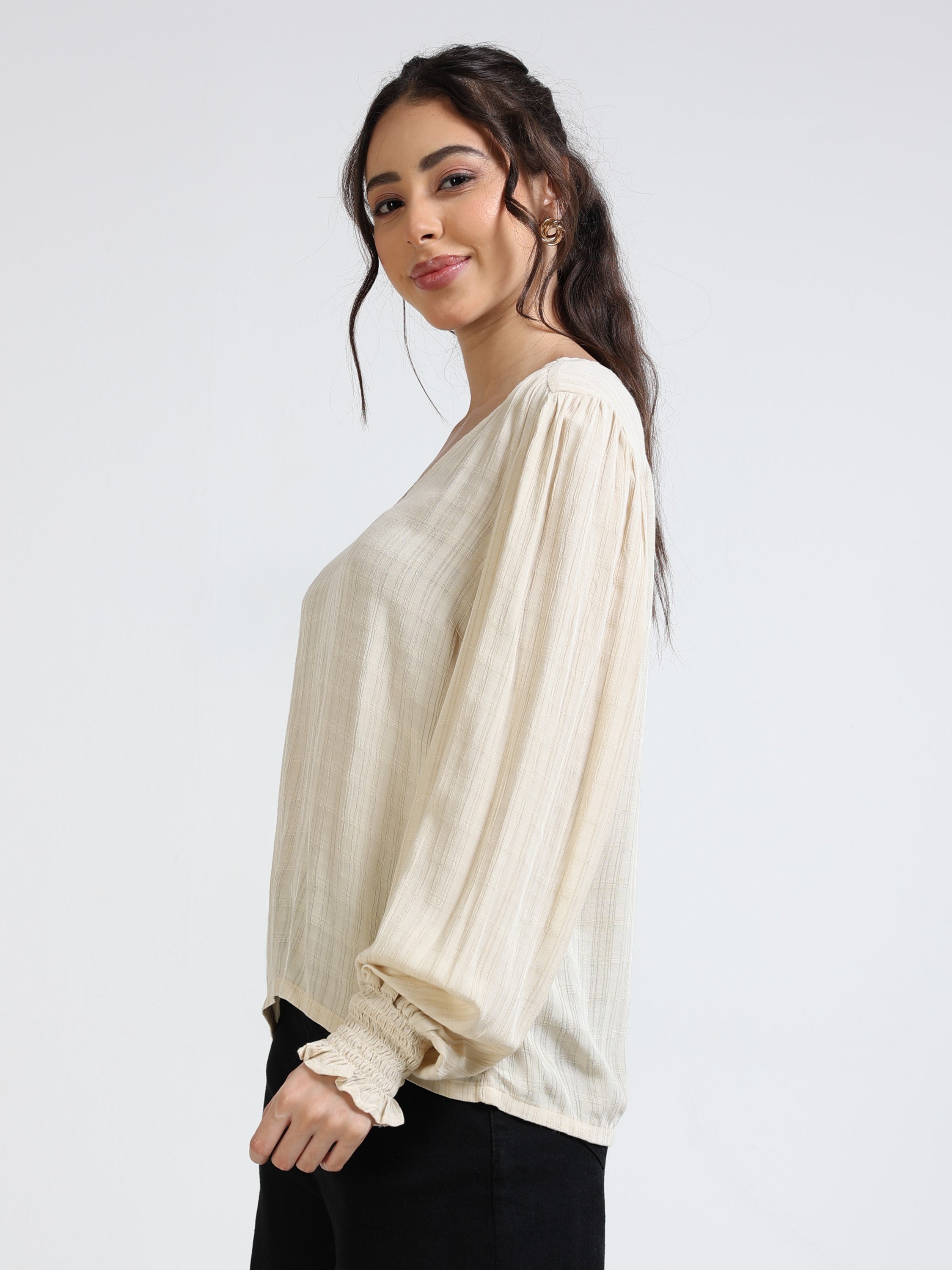 Women Beige Textured Relaxed Fit Top