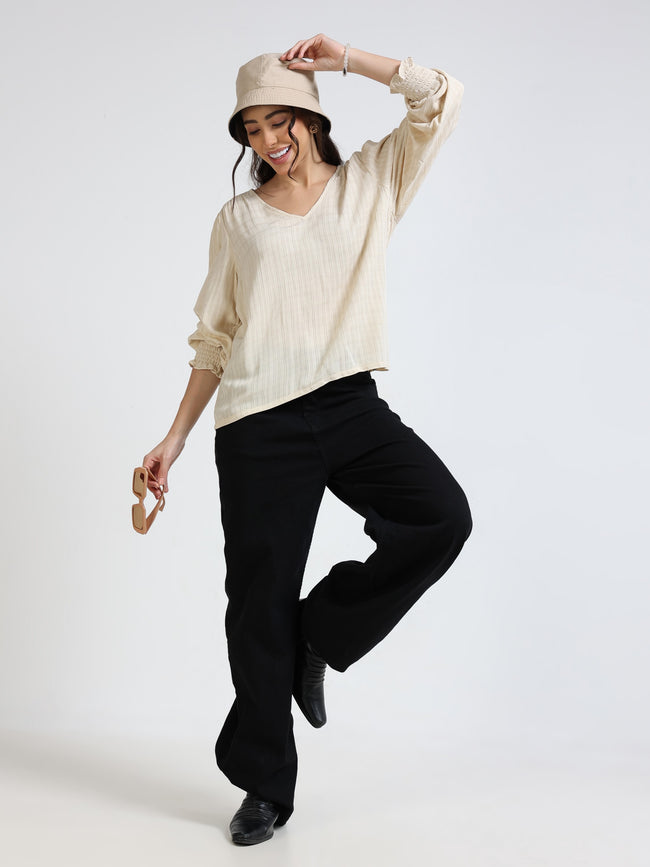Women Beige Textured Relaxed Fit Top