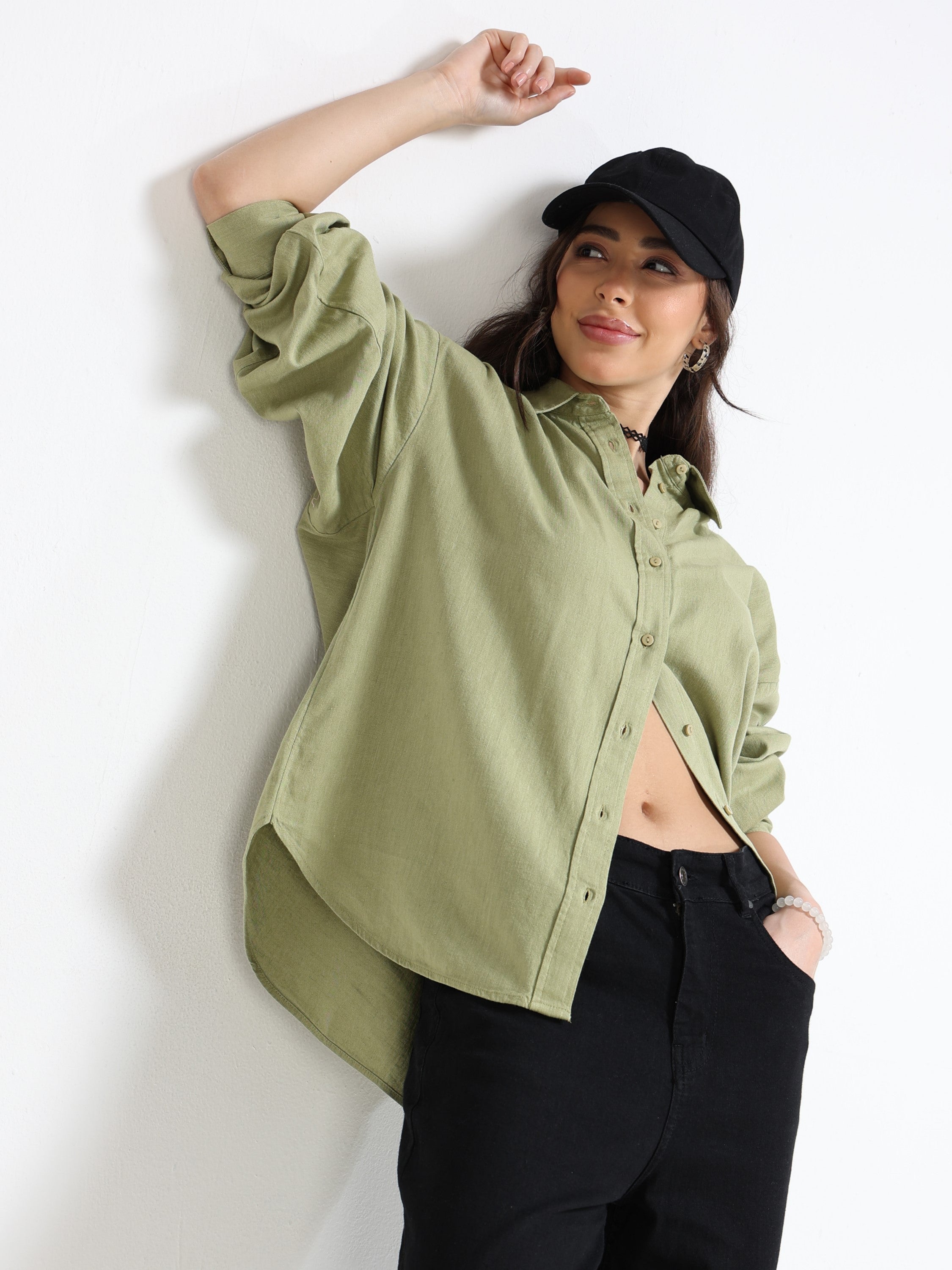 Women Olive Solid Oversized Shirt