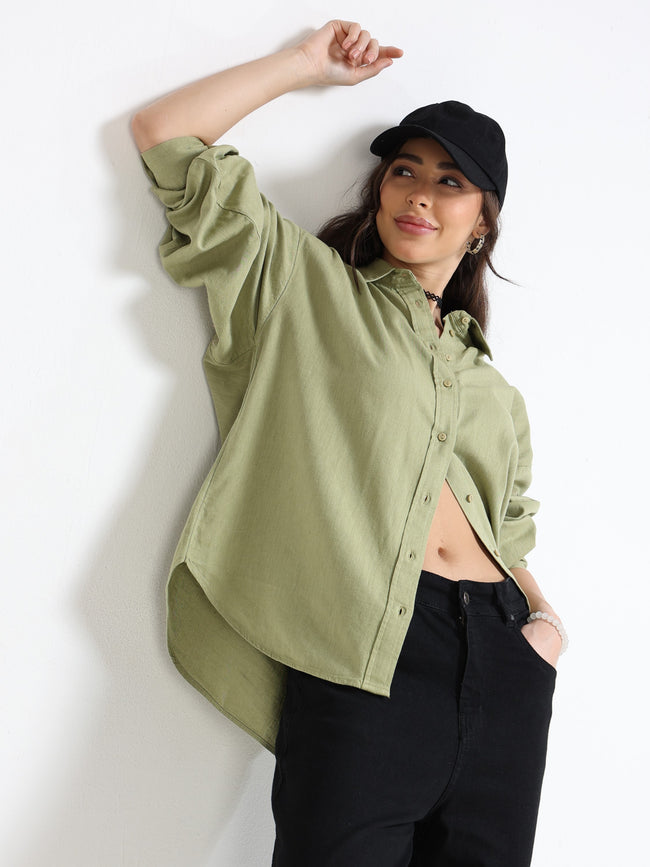 Women Olive Solid Oversized Shirt
