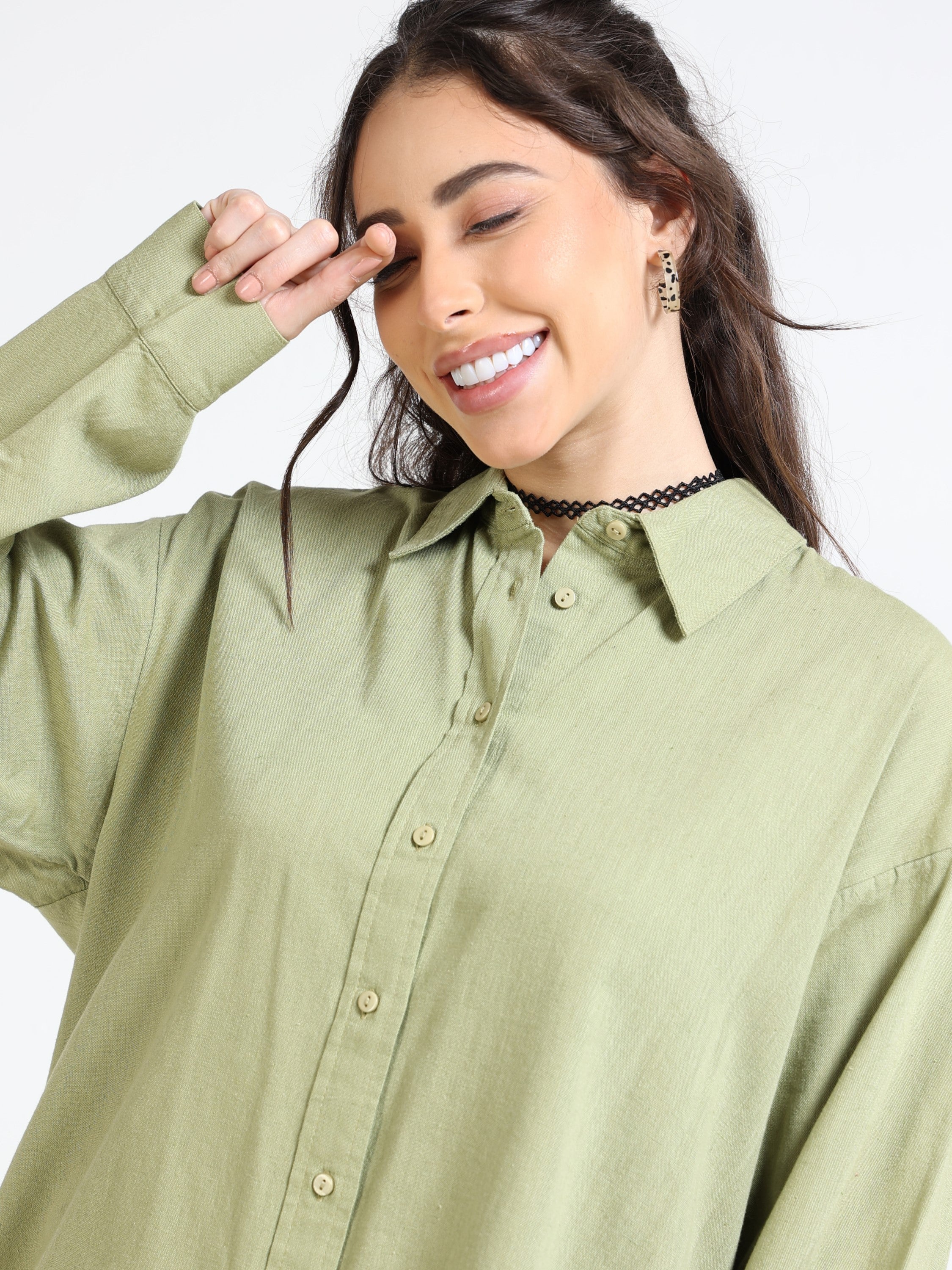 Women Olive Solid Oversized Shirt