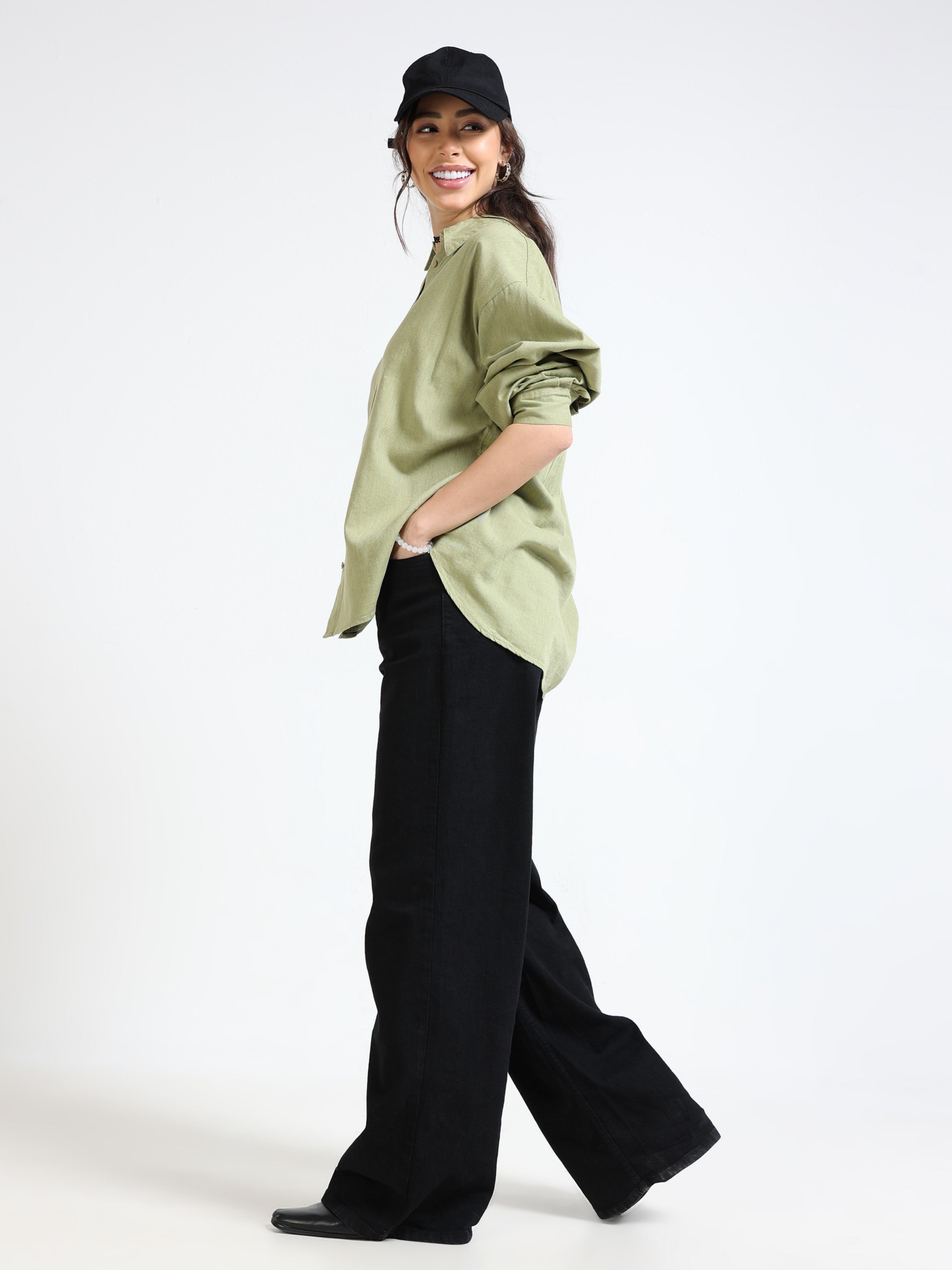 Women Olive Solid Oversized Shirt