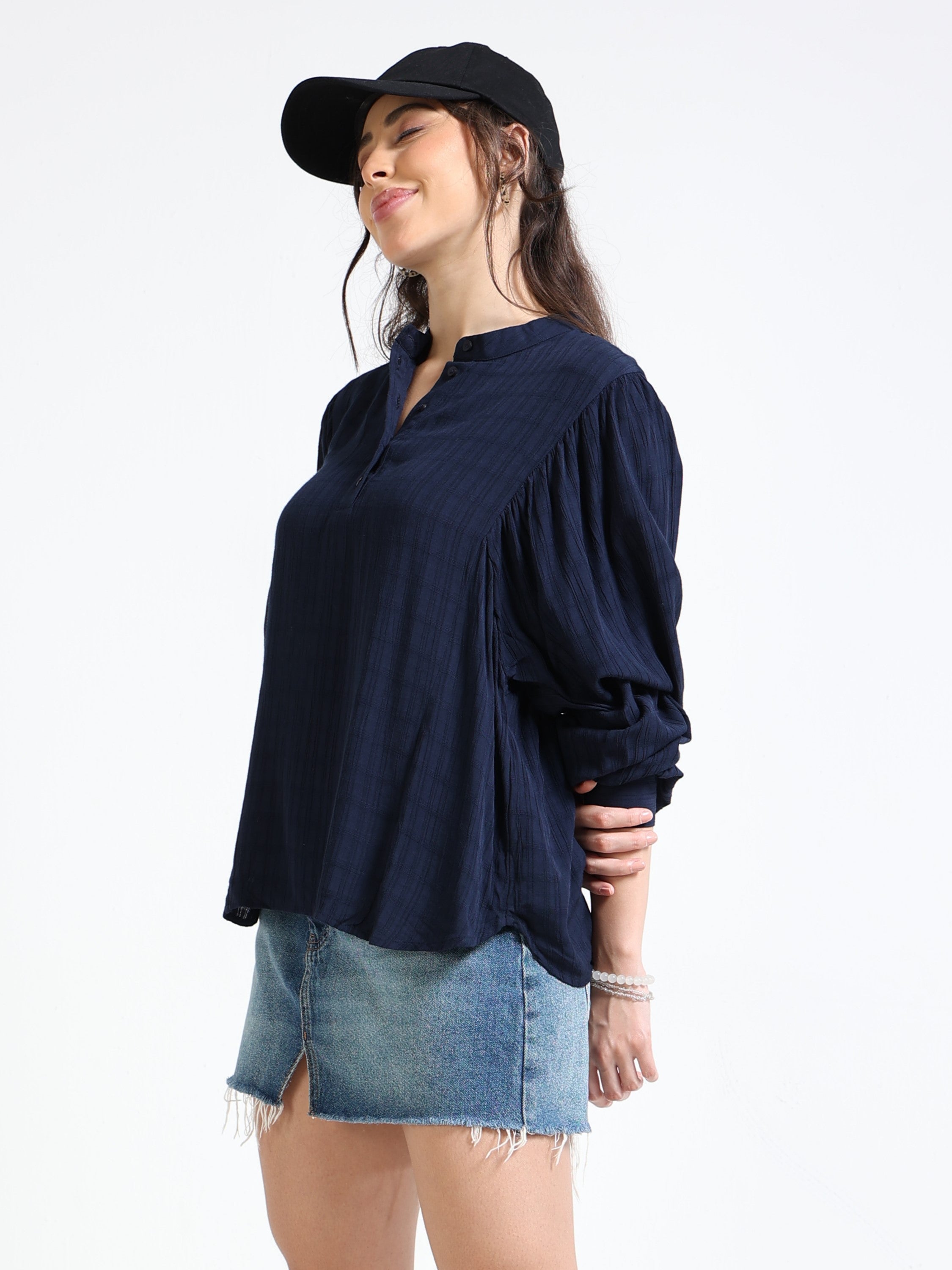 Women Navy Top with Balloon Sleeves