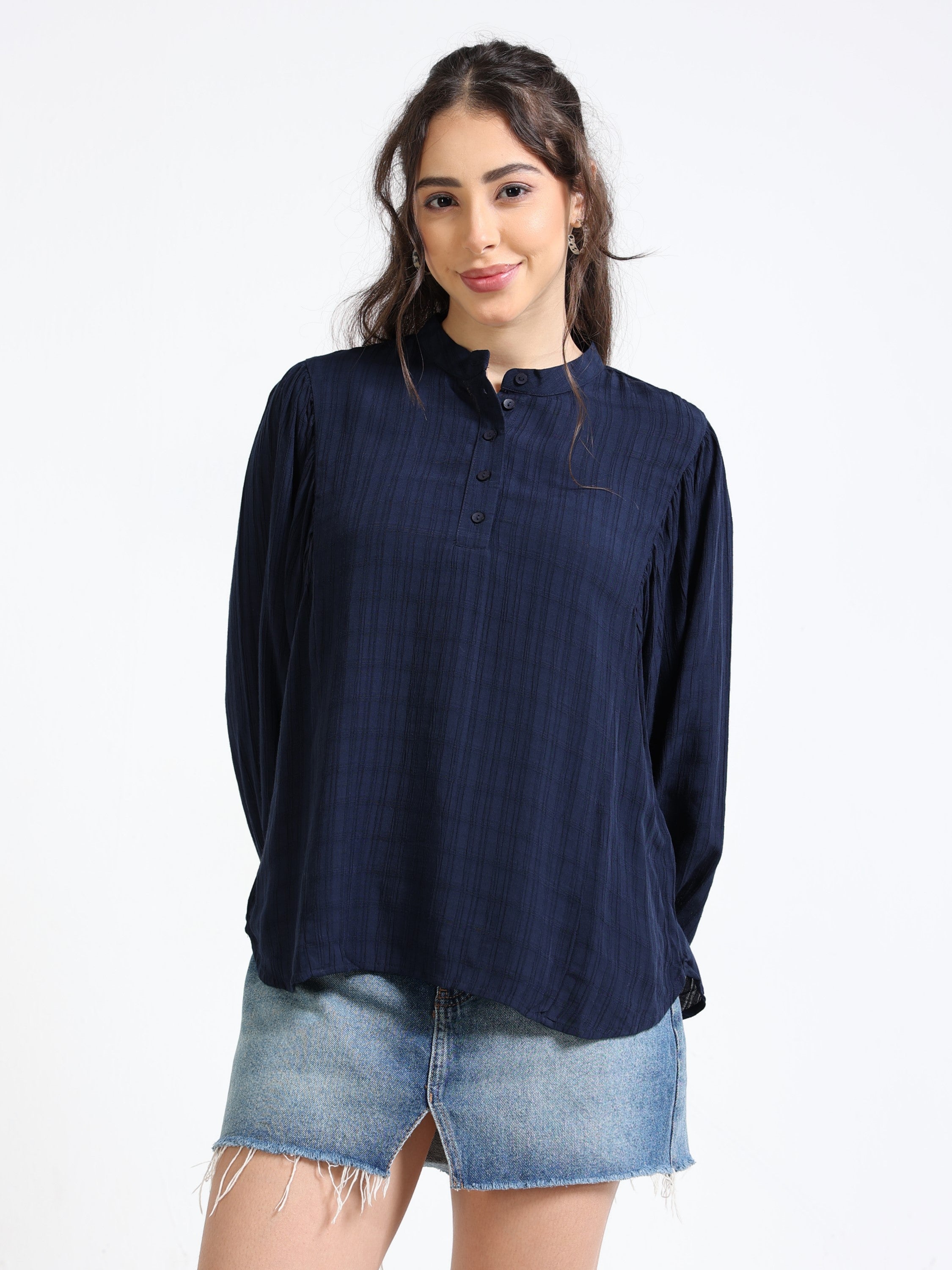 Women Navy Top with Balloon Sleeves