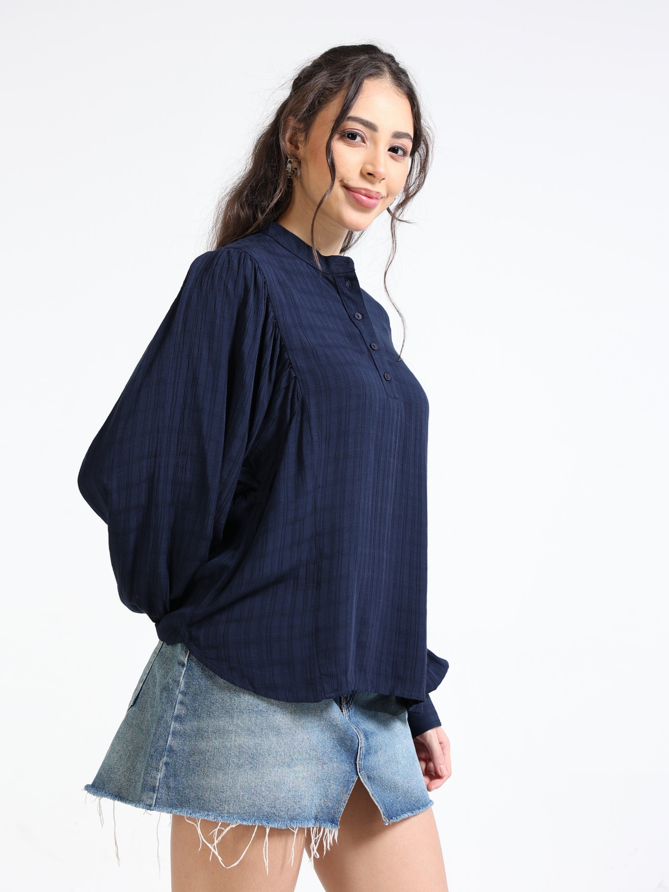 Women Navy Top with Balloon Sleeves