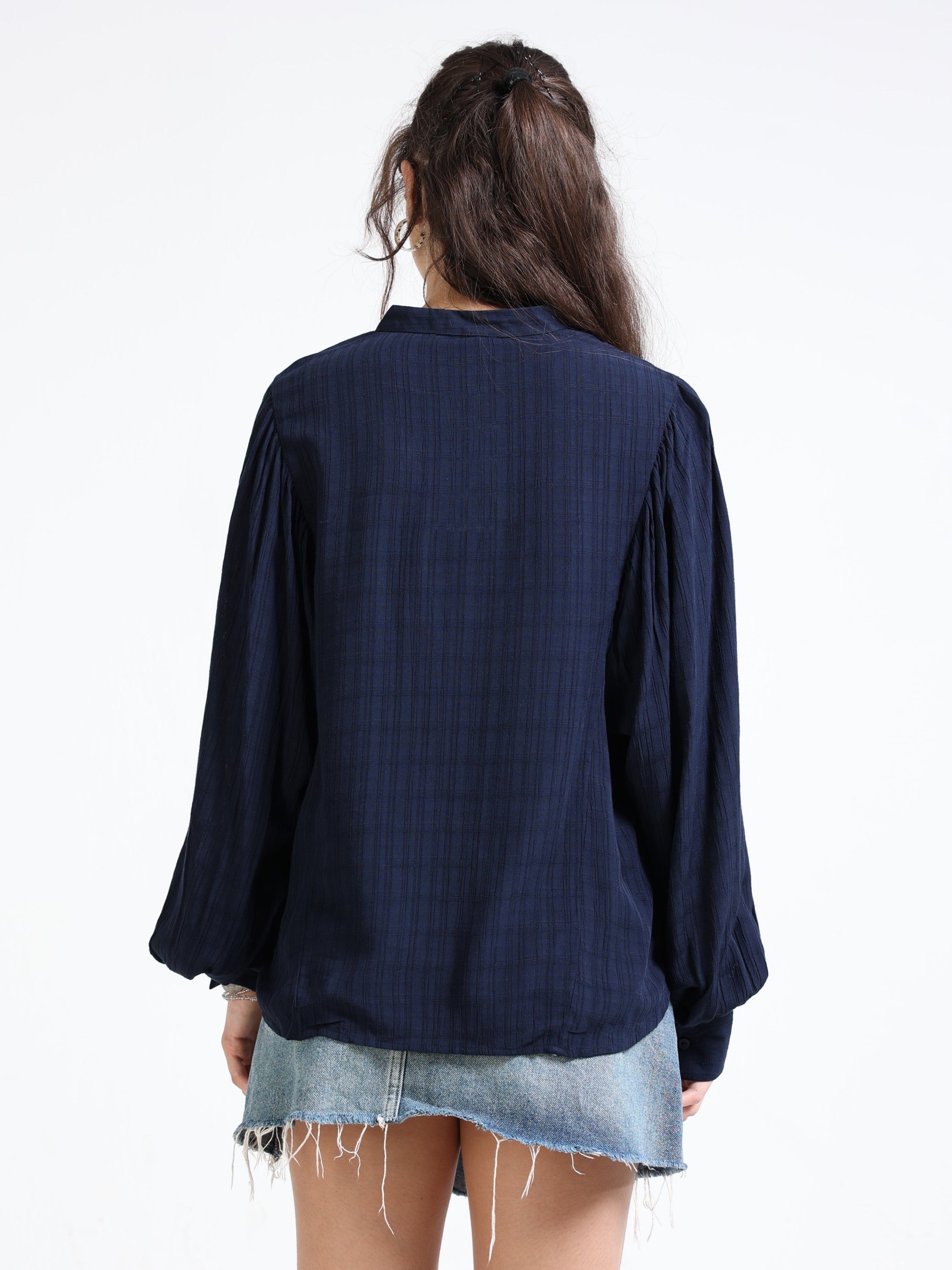 Women Navy Top with Balloon Sleeves