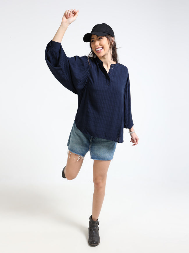 Women Navy Top with Balloon Sleeves