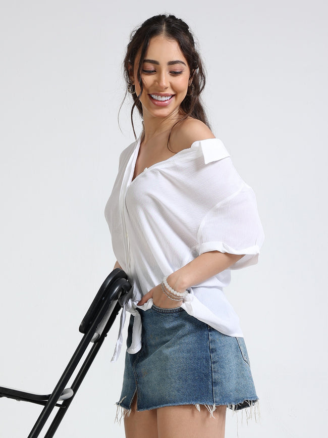 Women White Knot Tie Shirt