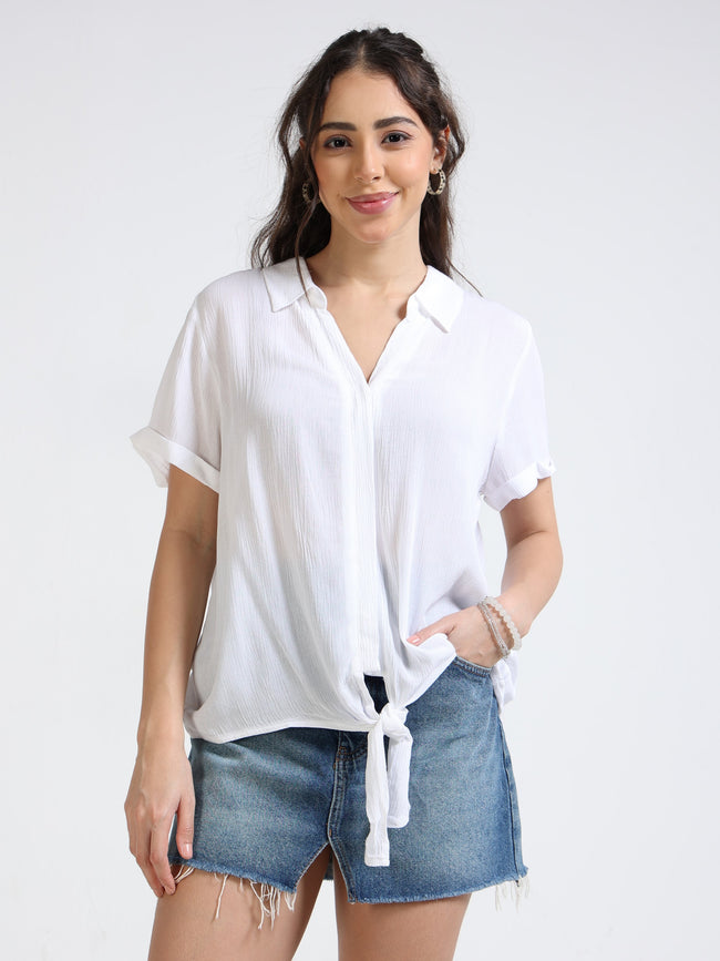 Women White Knot Tie Shirt