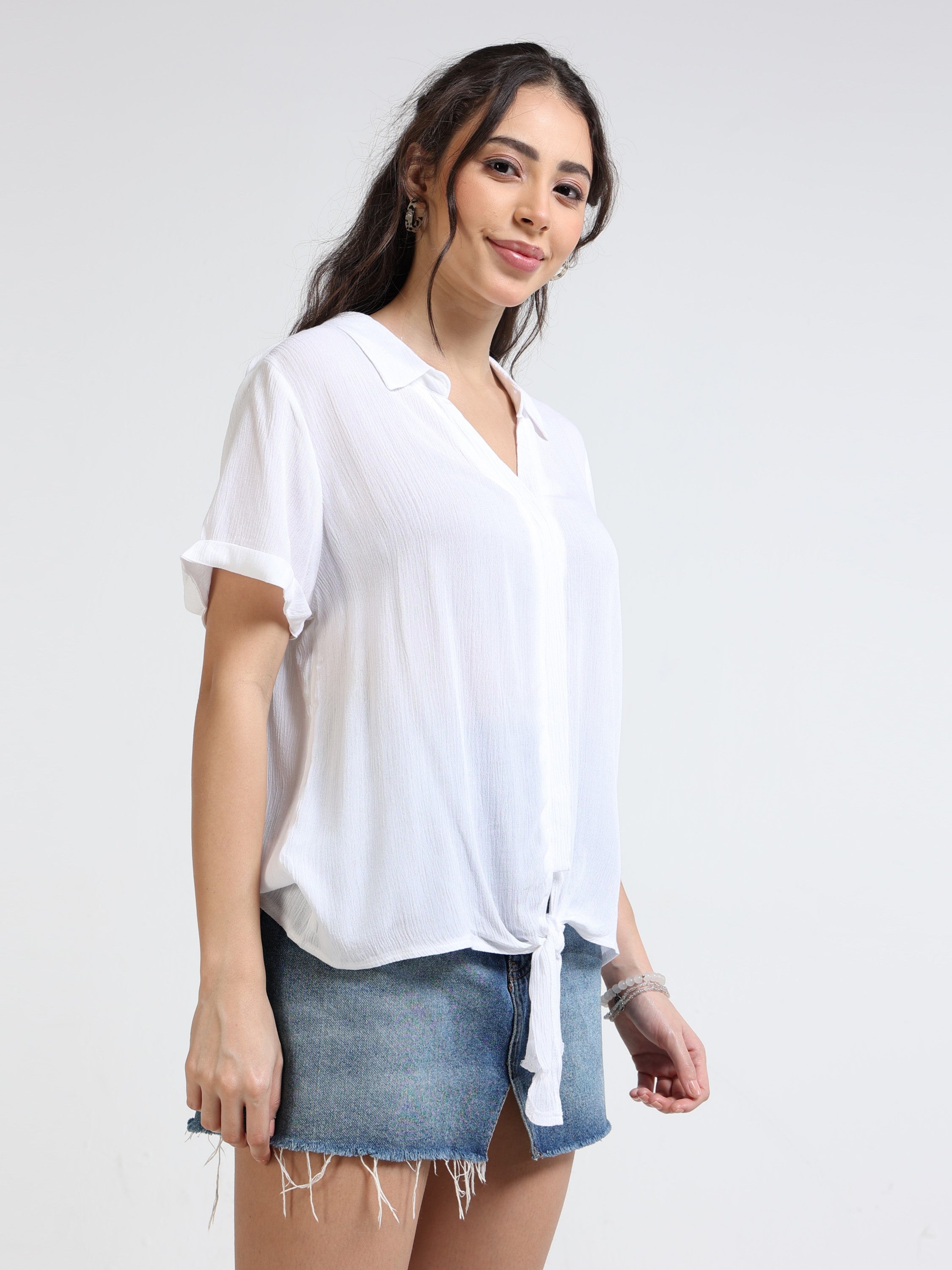 Women White Knot Tie Shirt