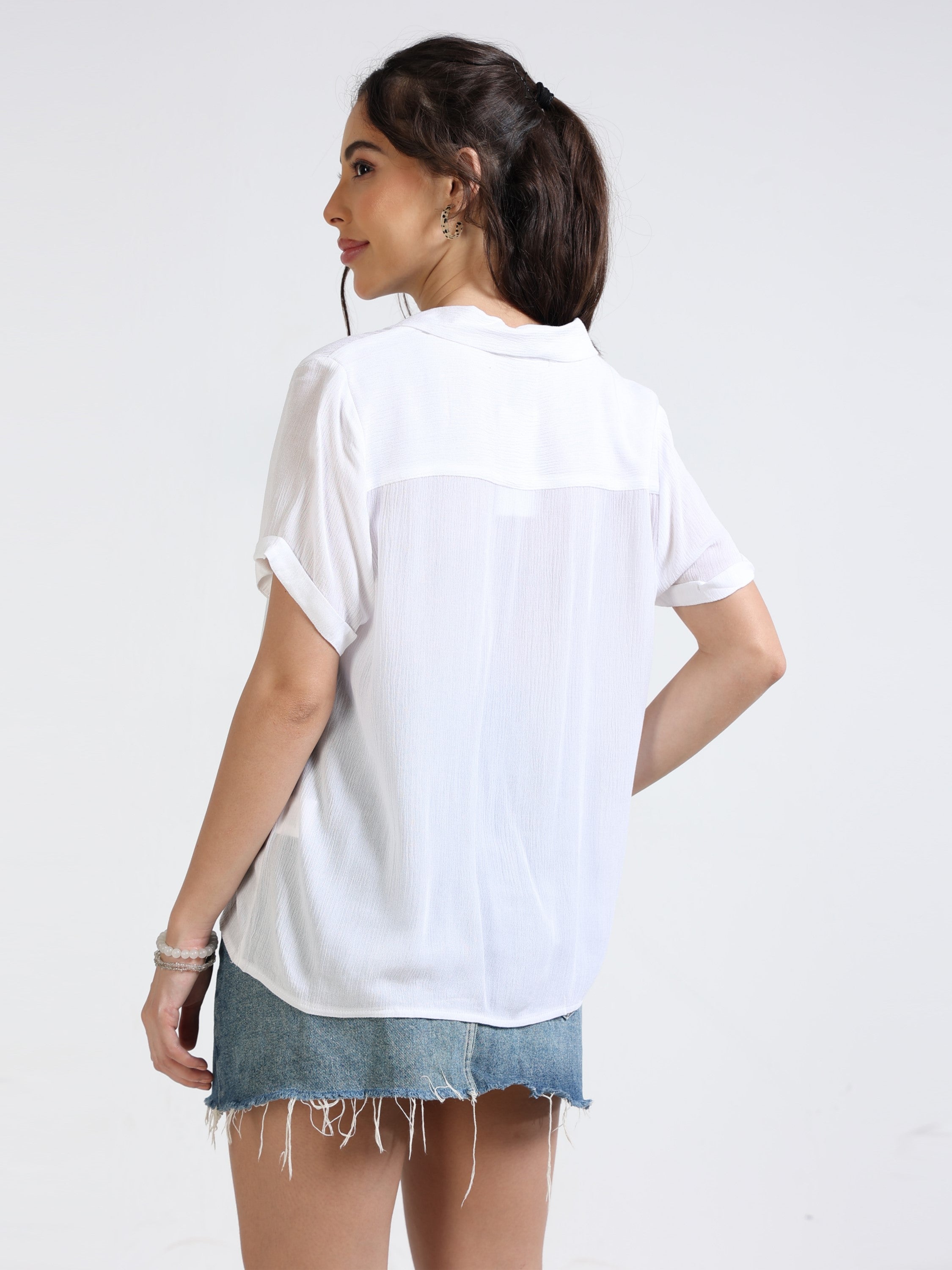 Women White Knot Tie Shirt