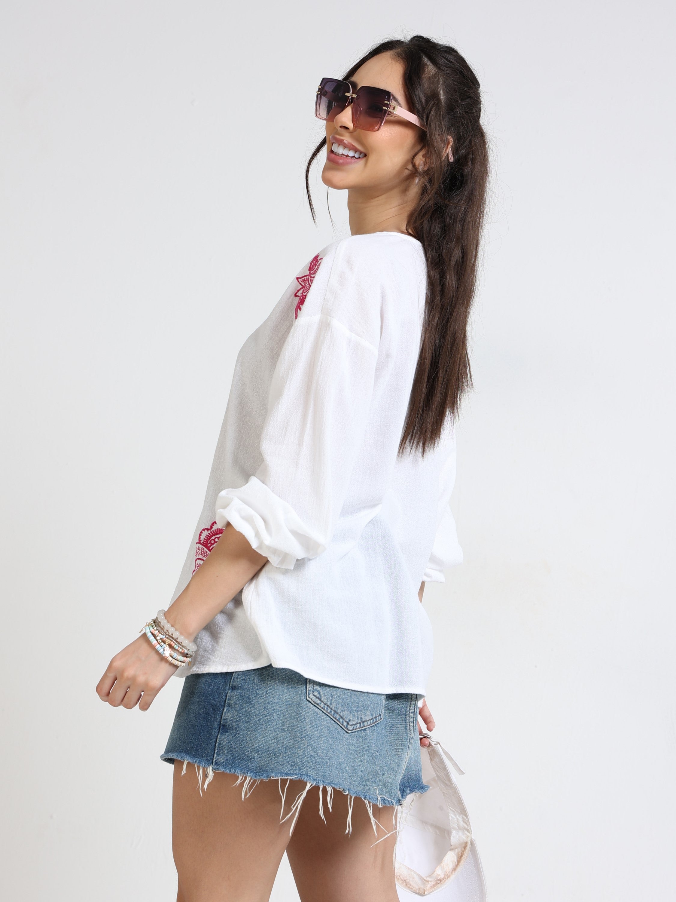 Women White & Pink Embroidered Top