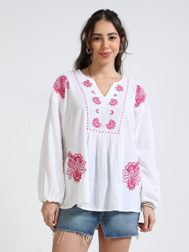 Women White & Pink Embroidered Top