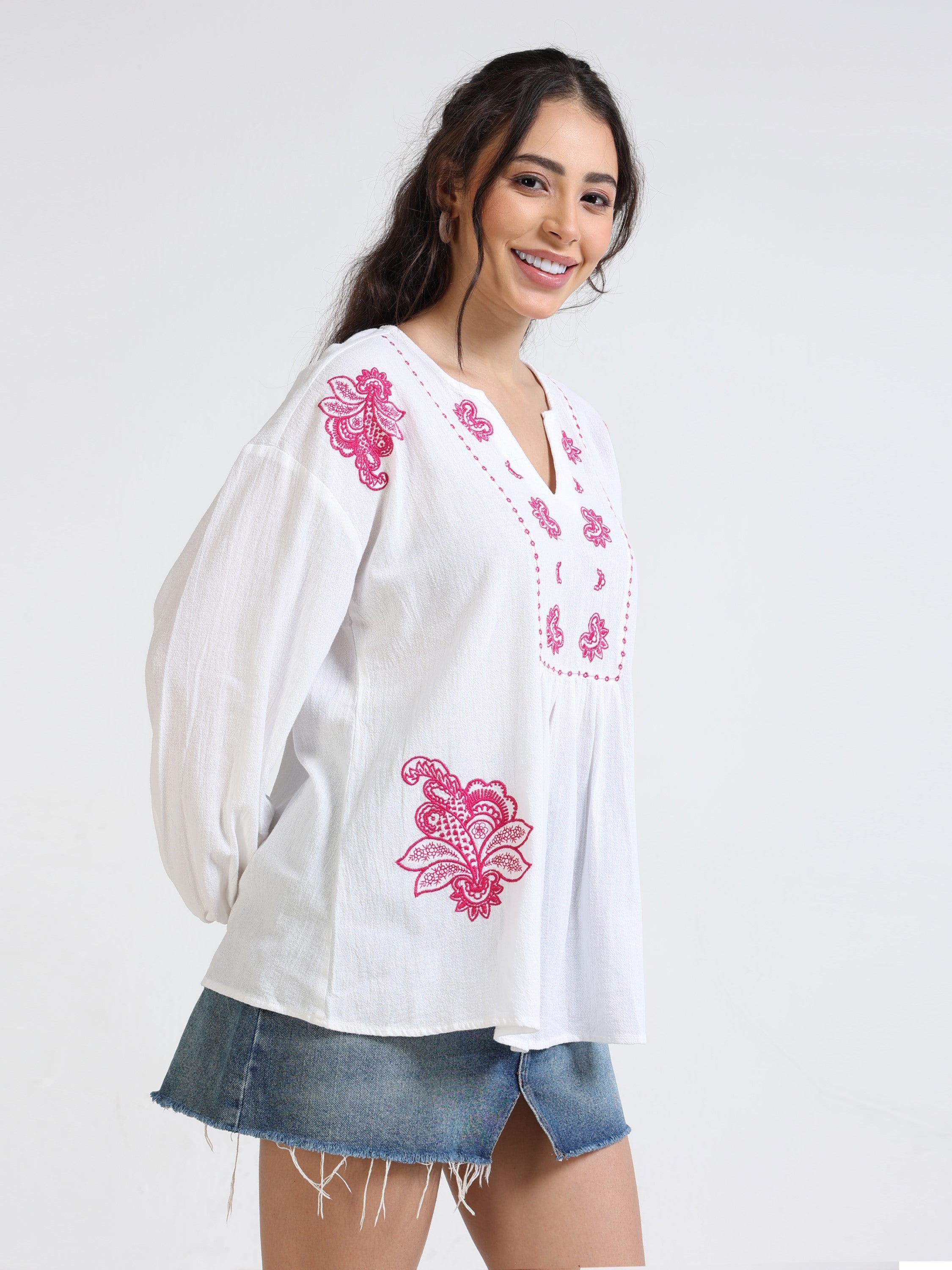 Women White & Pink Embroidered Top
