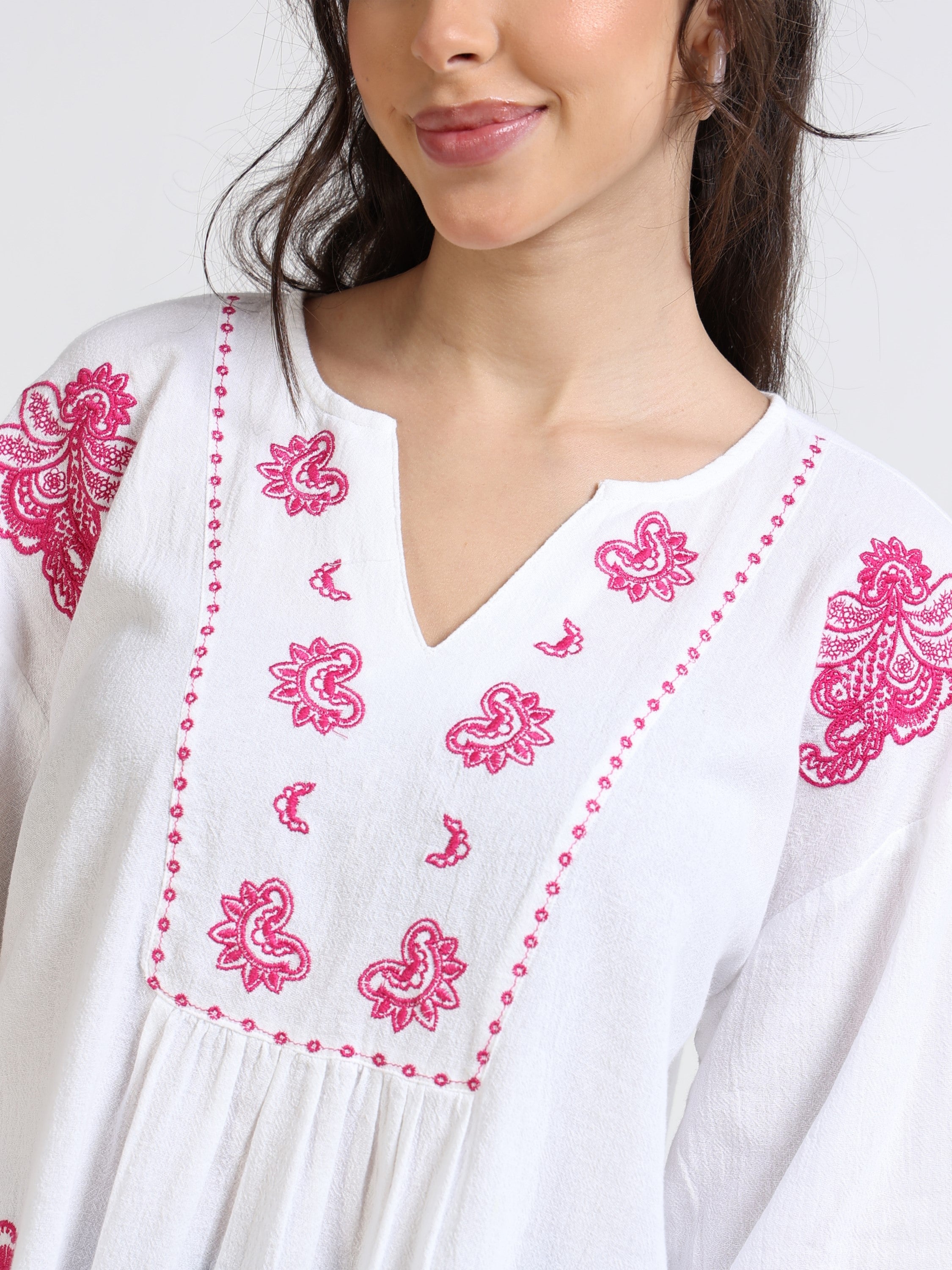 Women White & Pink Embroidered Top