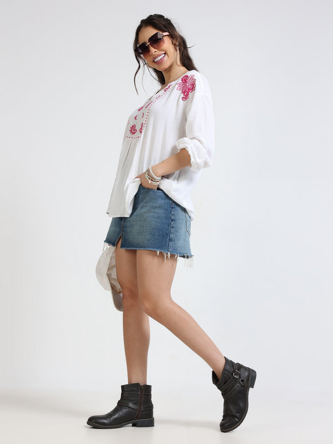 Women White & Pink Embroidered Top