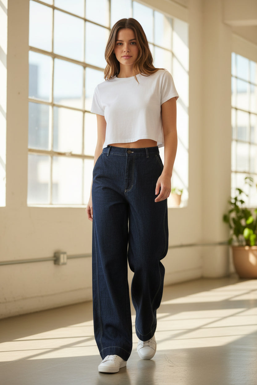 Women Navy Denim Baggy Pants