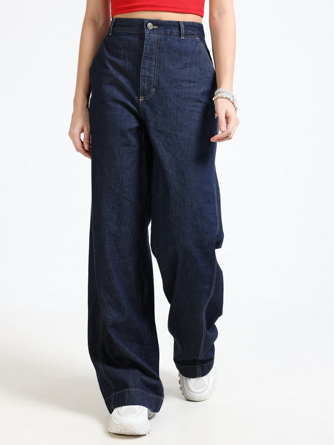 Women Navy Denim Baggy Pants