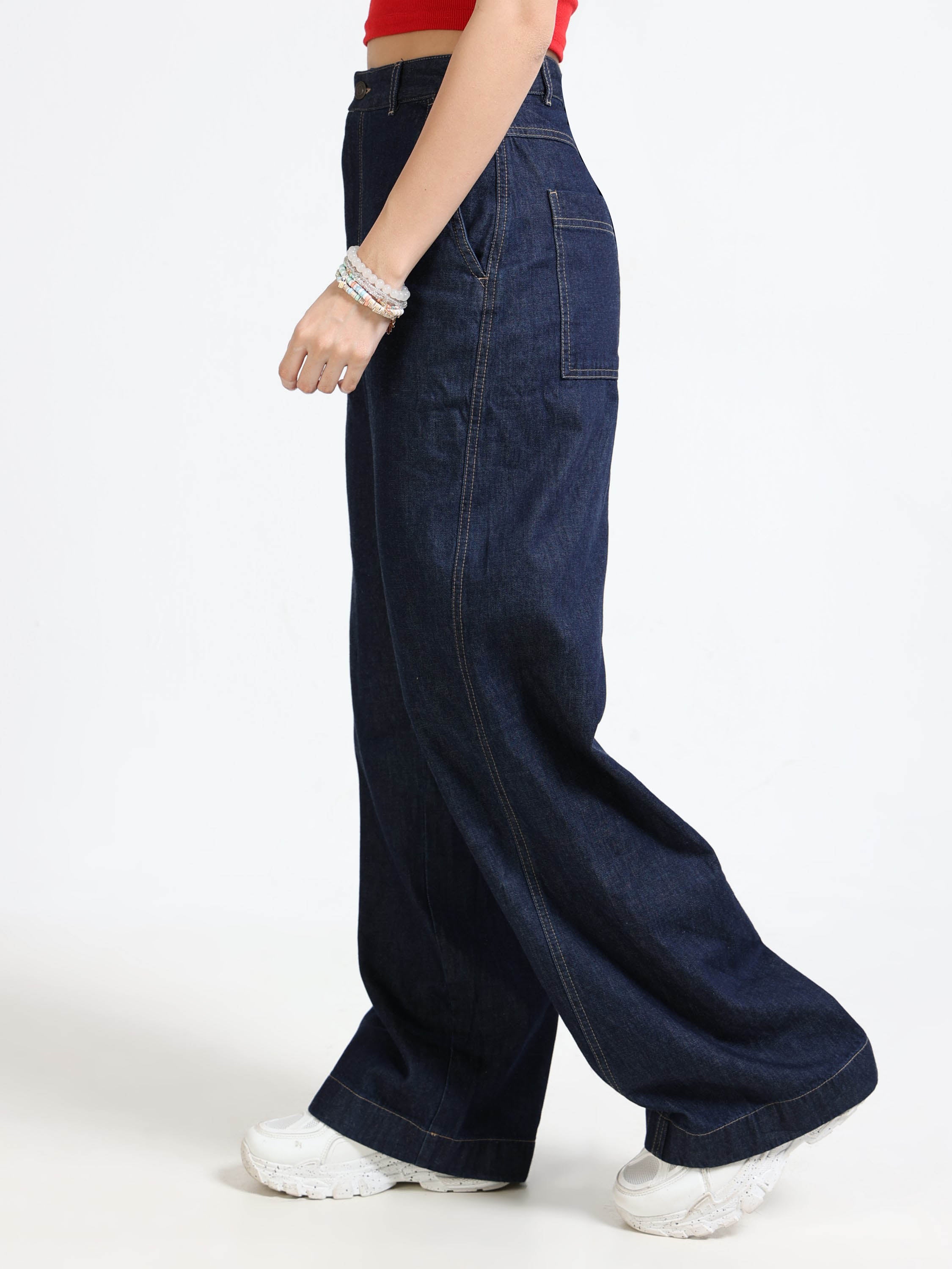 Women Navy Denim Baggy Pants