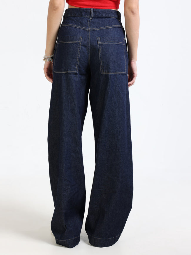 Women Navy Denim Baggy Pants