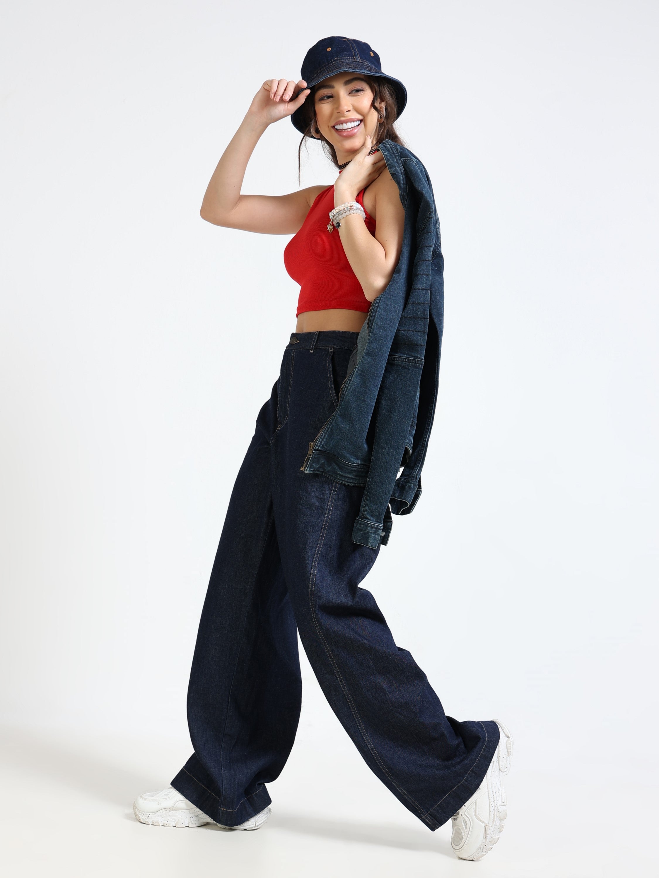 Women Navy Denim Baggy Pants