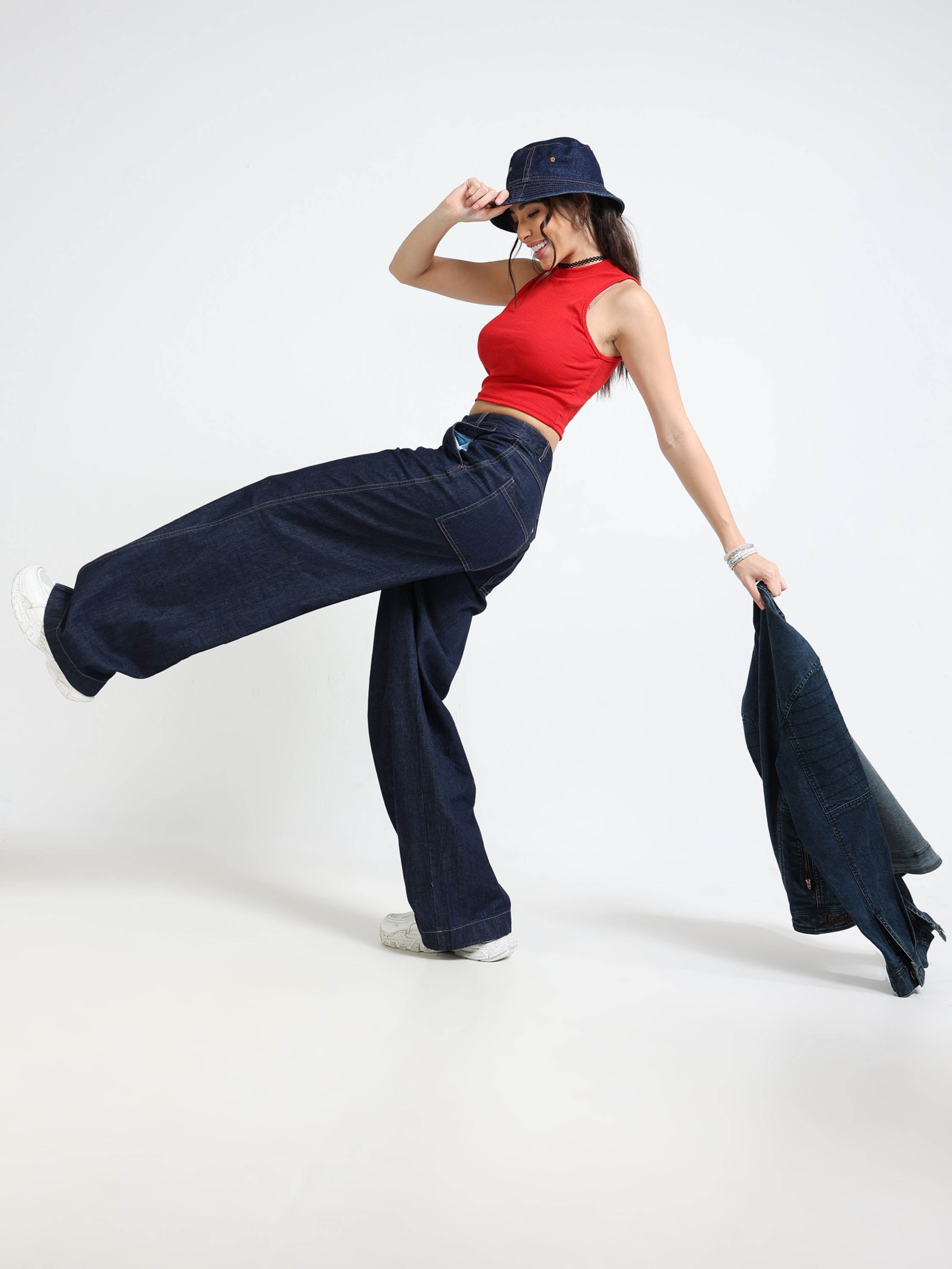 Women Navy Denim Baggy Pants