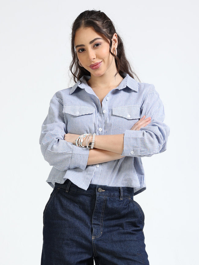 Women Blue Stripe Boxy Fit Crop Shirt