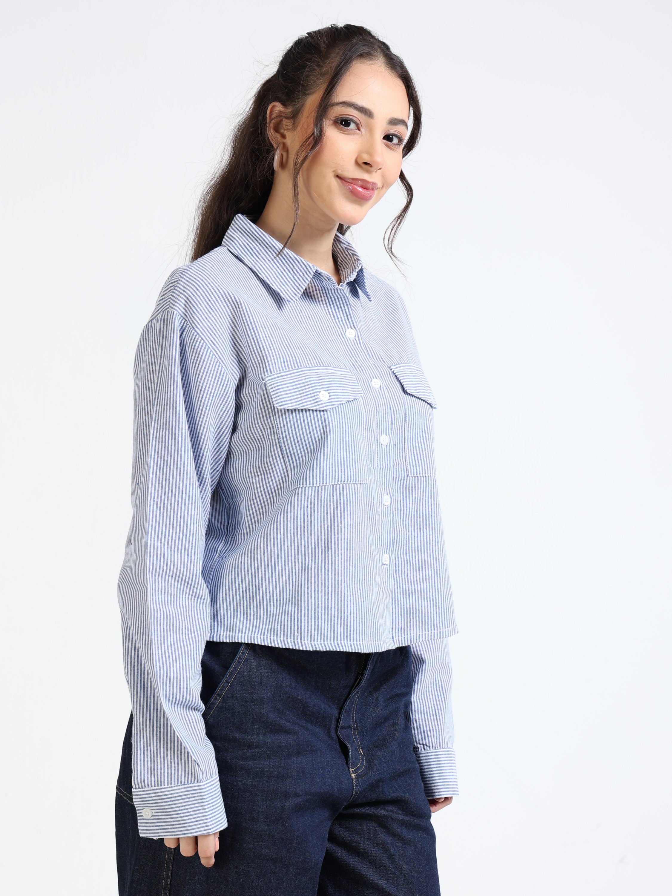 Women Blue Stripe Boxy Fit Crop Shirt