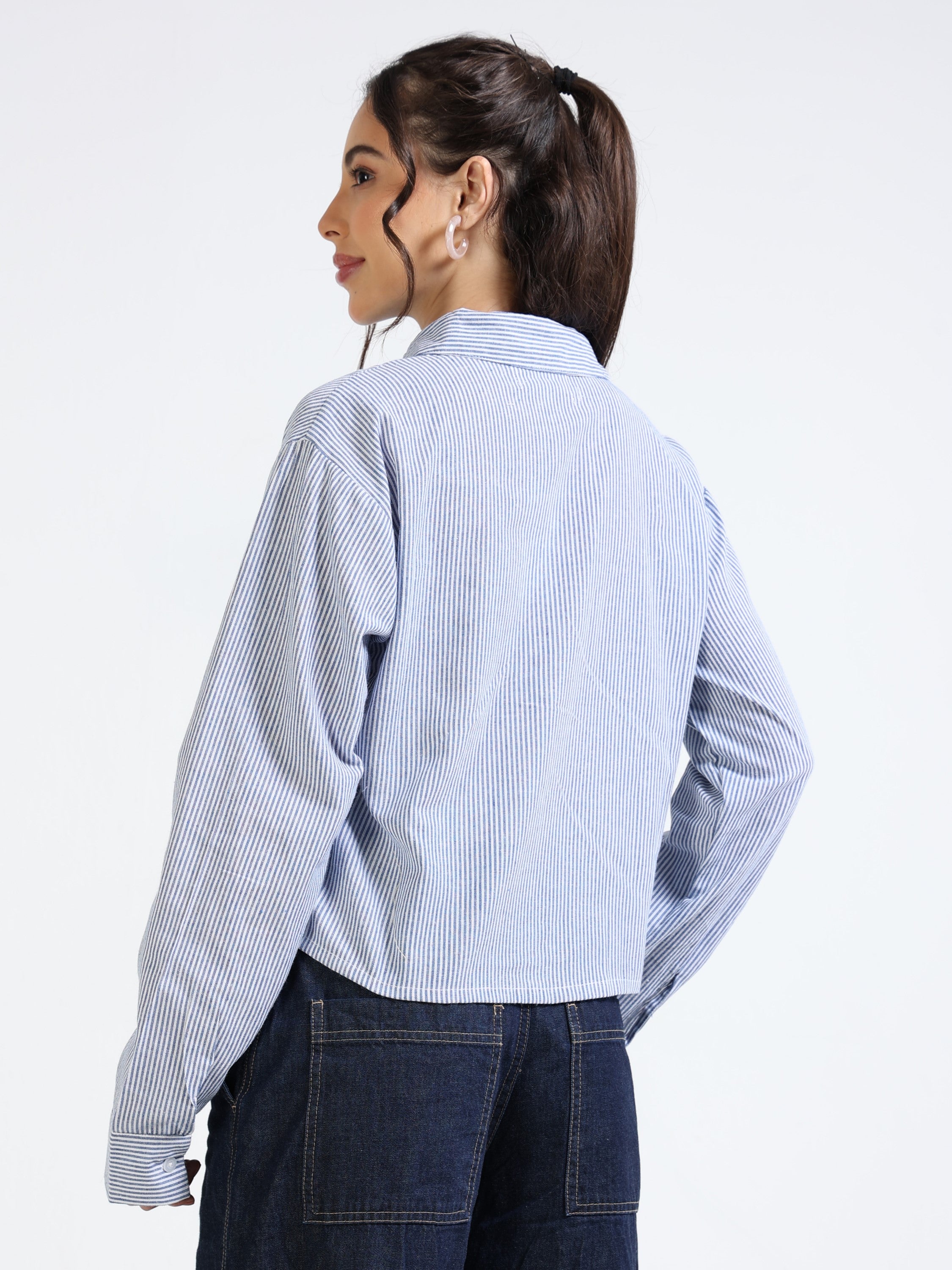 Women Blue Stripe Boxy Fit Crop Shirt