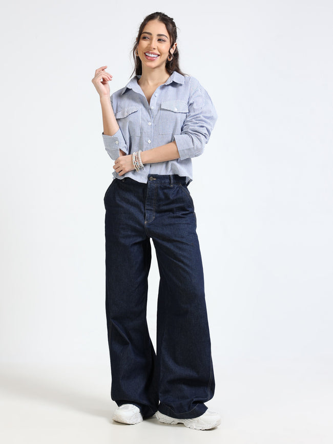 Women Blue Stripe Boxy Fit Crop Shirt