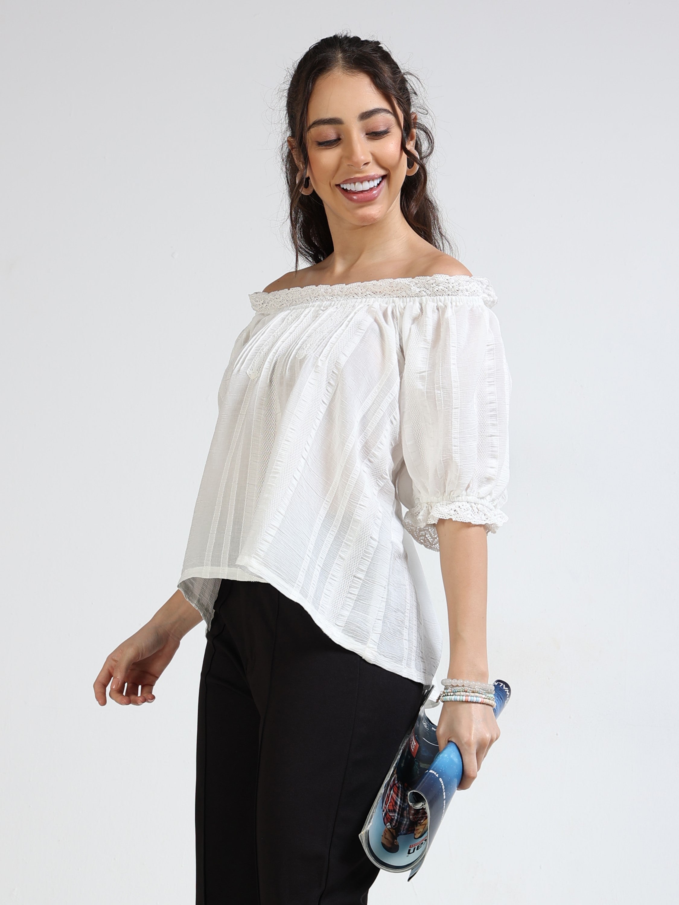 Women White Off Shoulder Balloon Sleeve Top