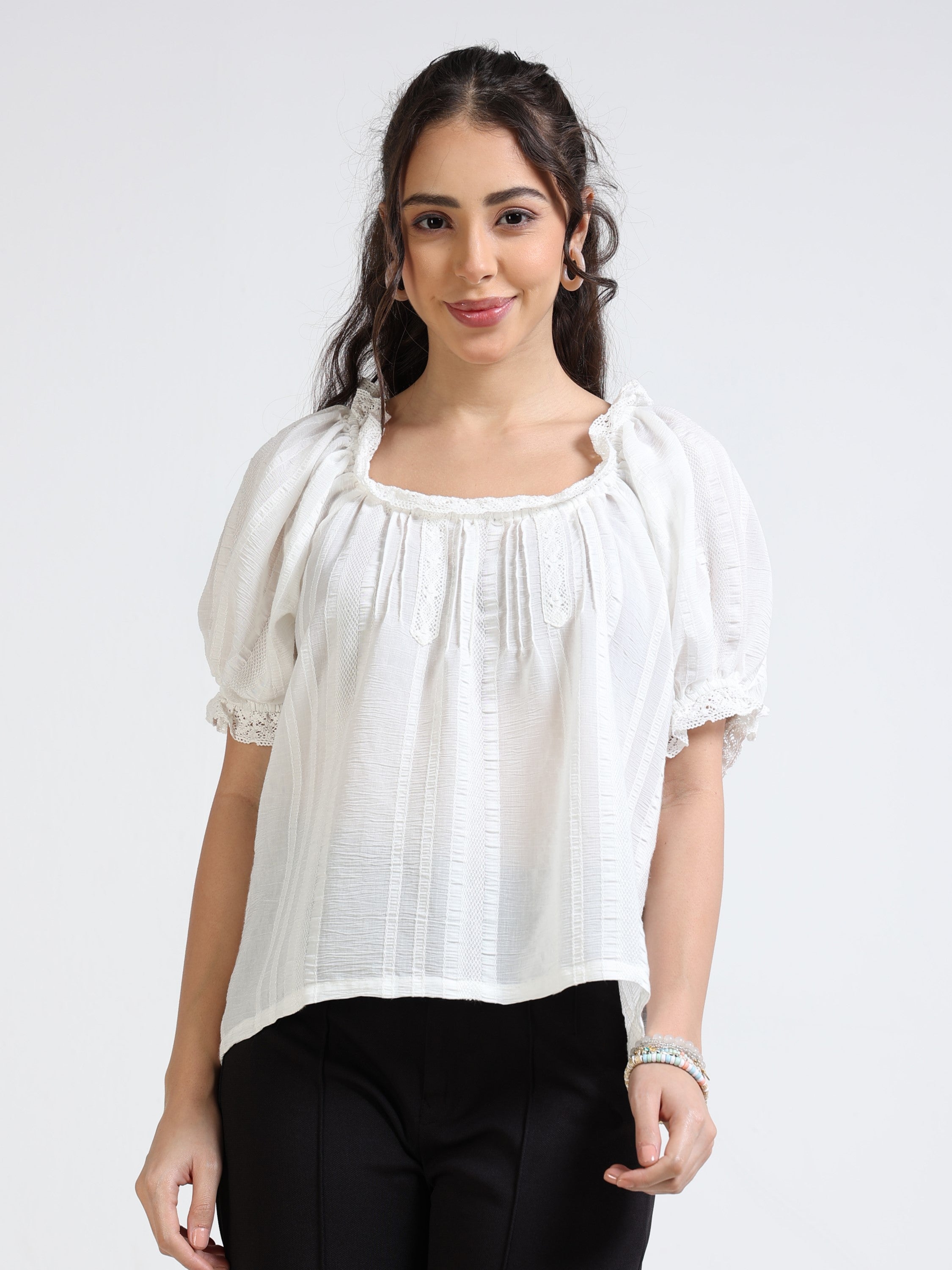 Women White Off Shoulder Balloon Sleeve Top