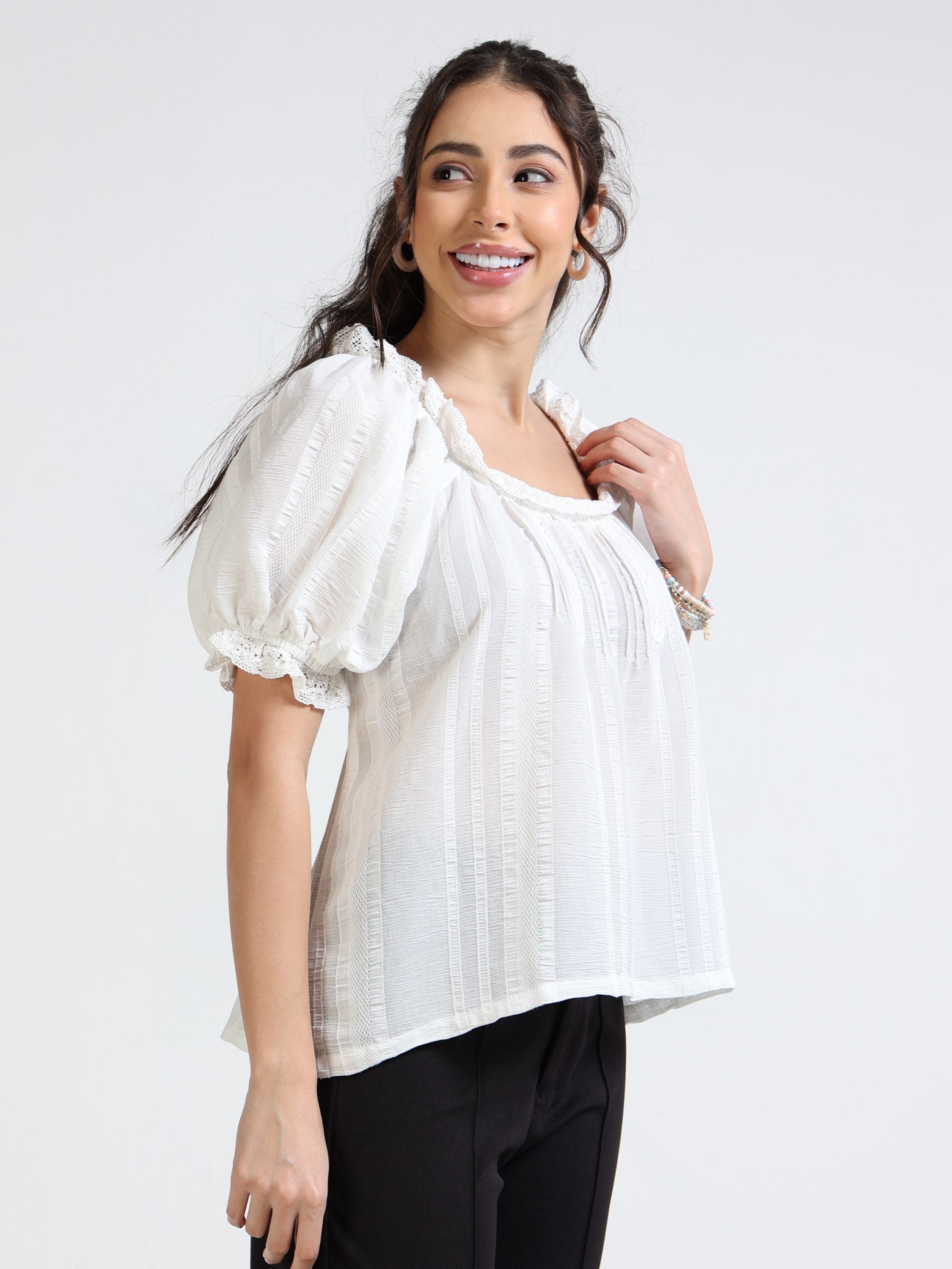 Women White Off Shoulder Balloon Sleeve Top