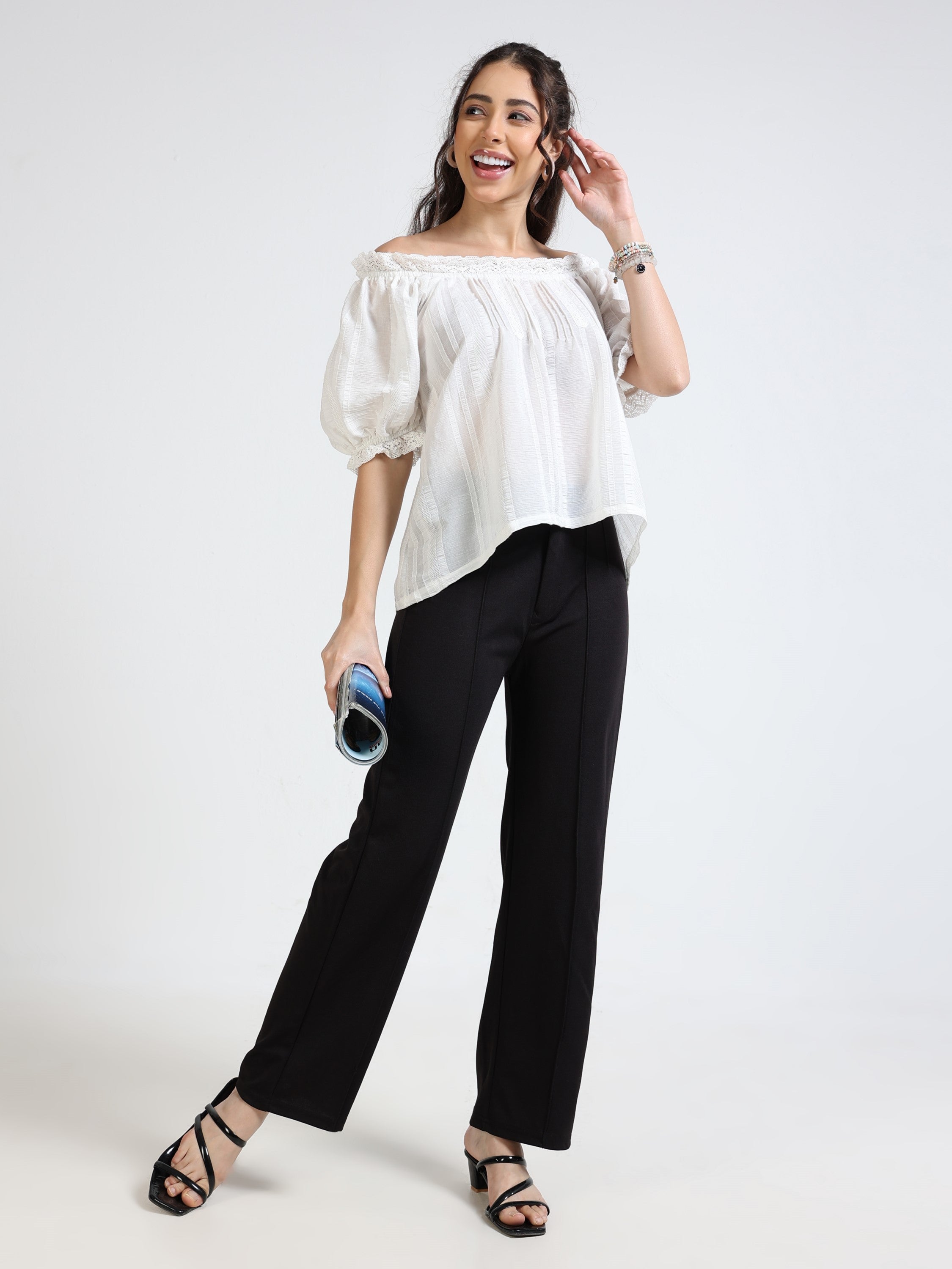 Women White Off Shoulder Balloon Sleeve Top