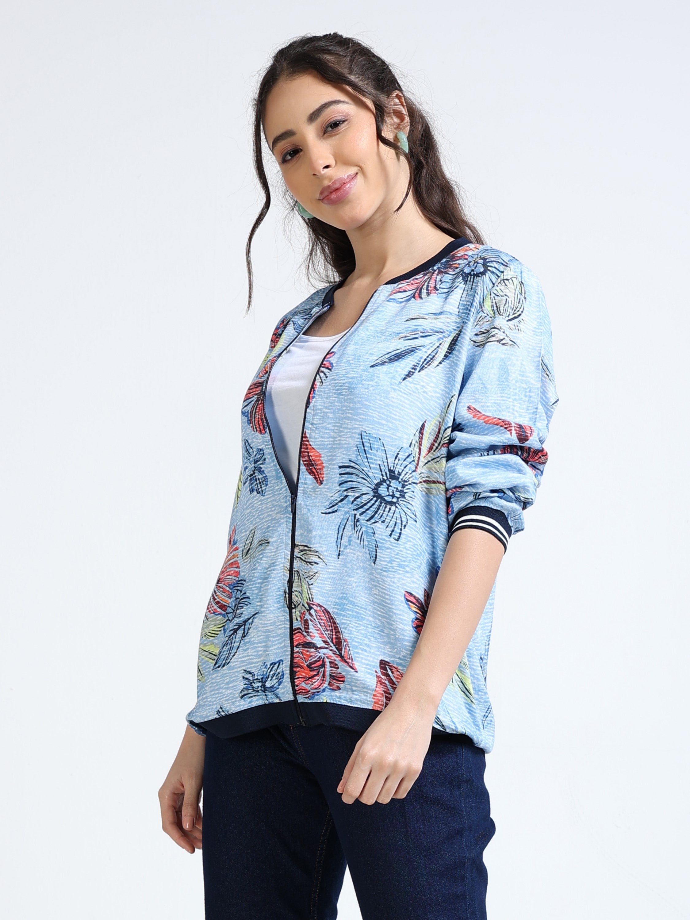 Women Blue Printed Relaxed Fit Jacket