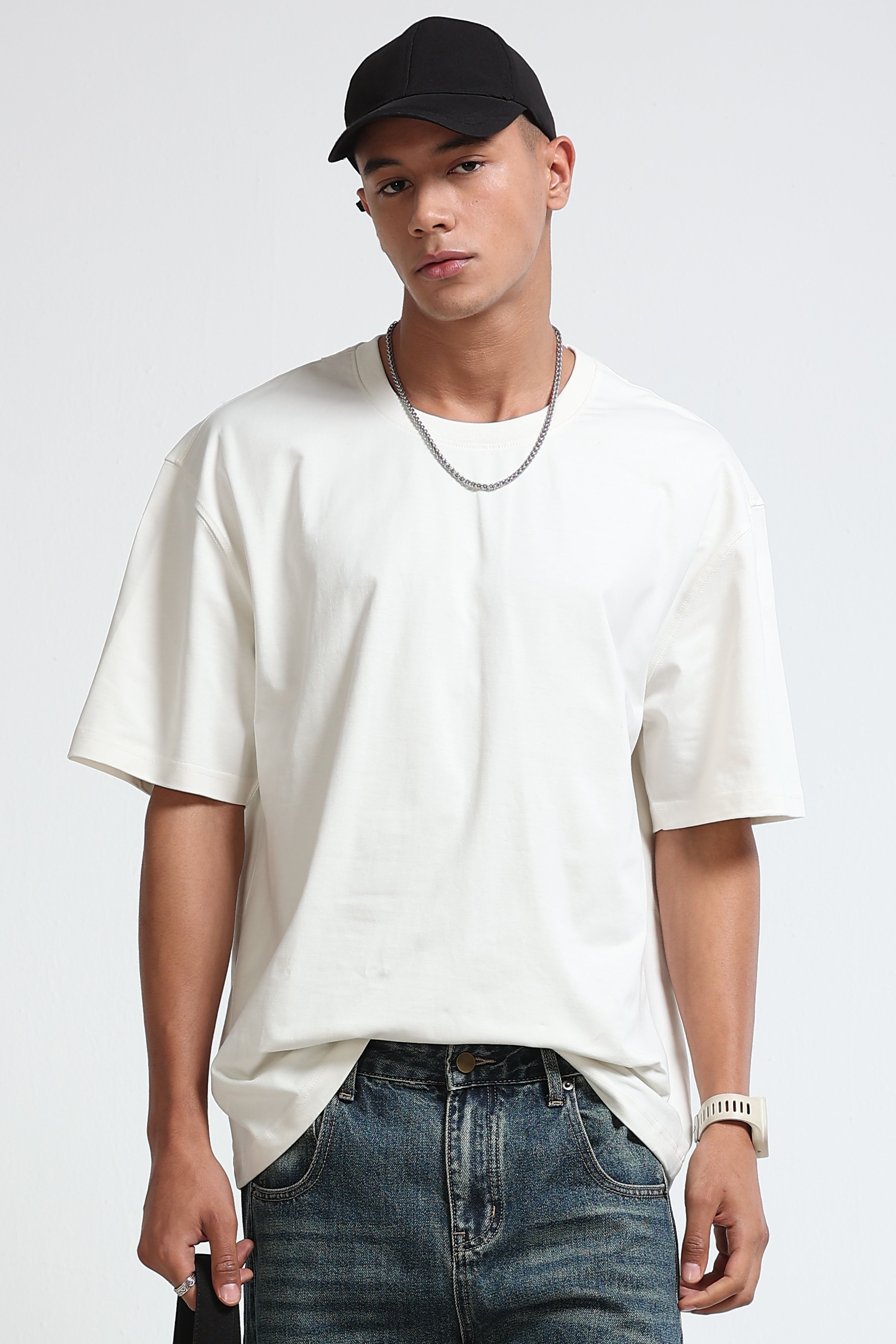 Men White Oversized Crew Neck T-Shirt