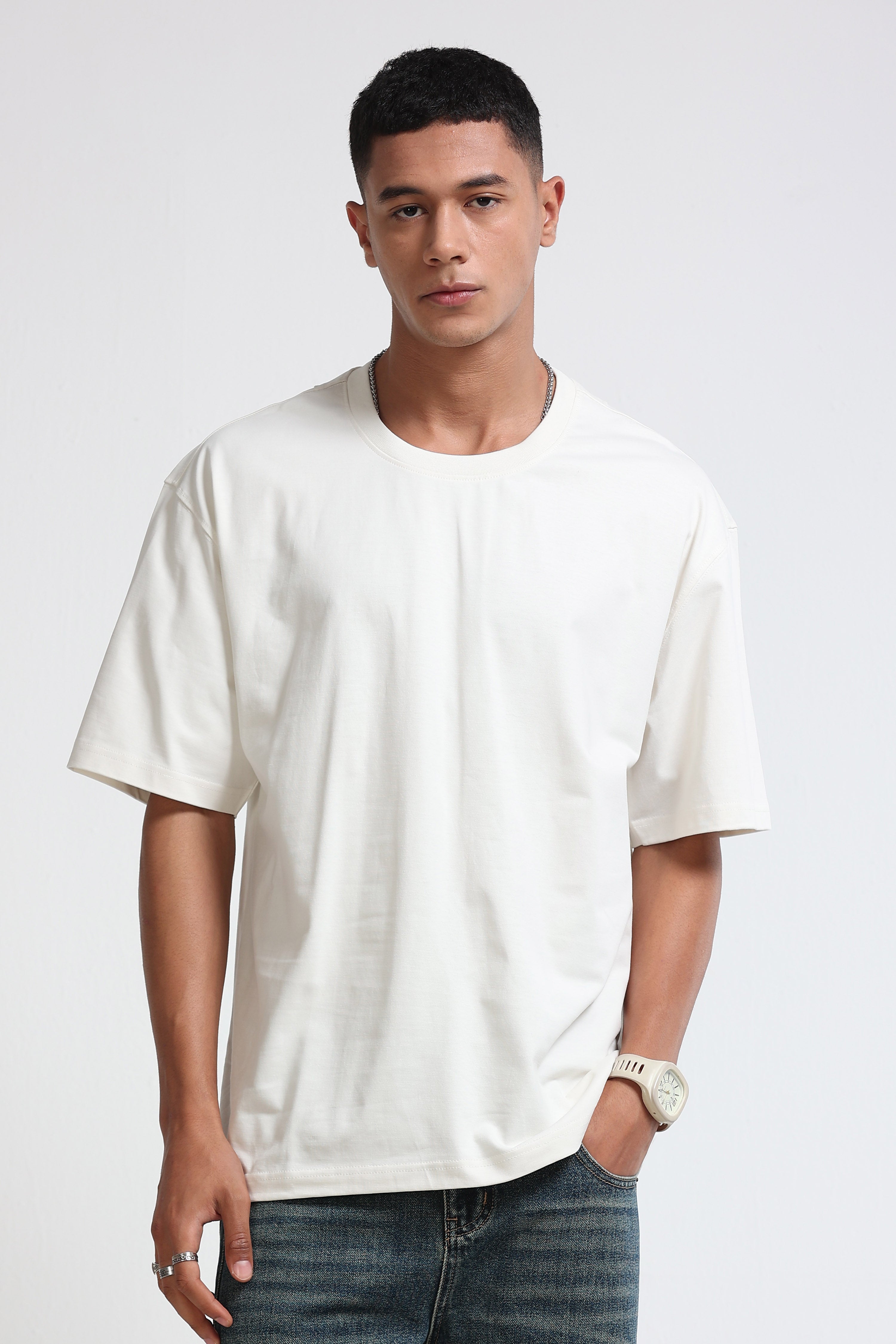 Men White Oversized Crew Neck T-Shirt